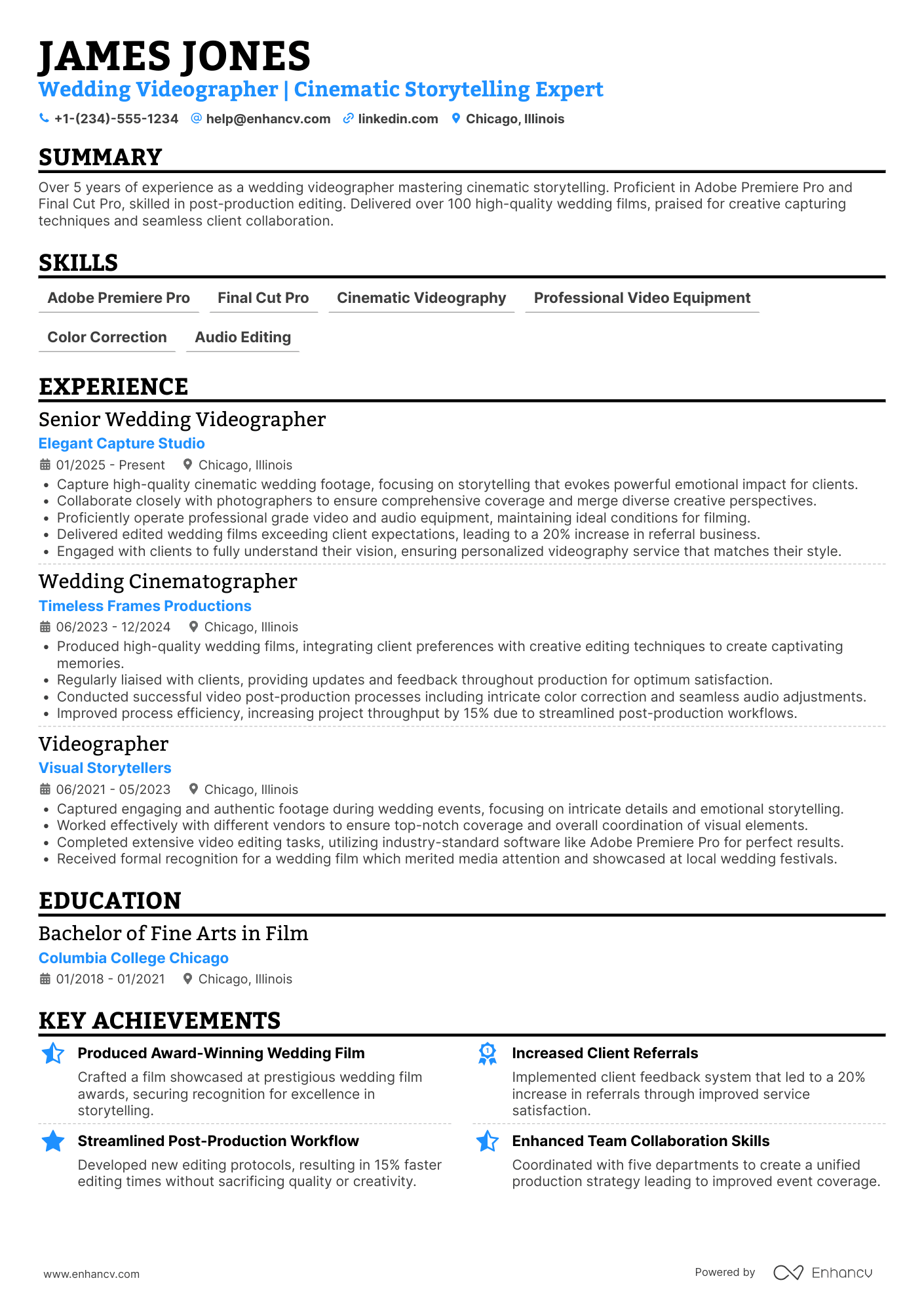 Wedding Videographer Resume Example