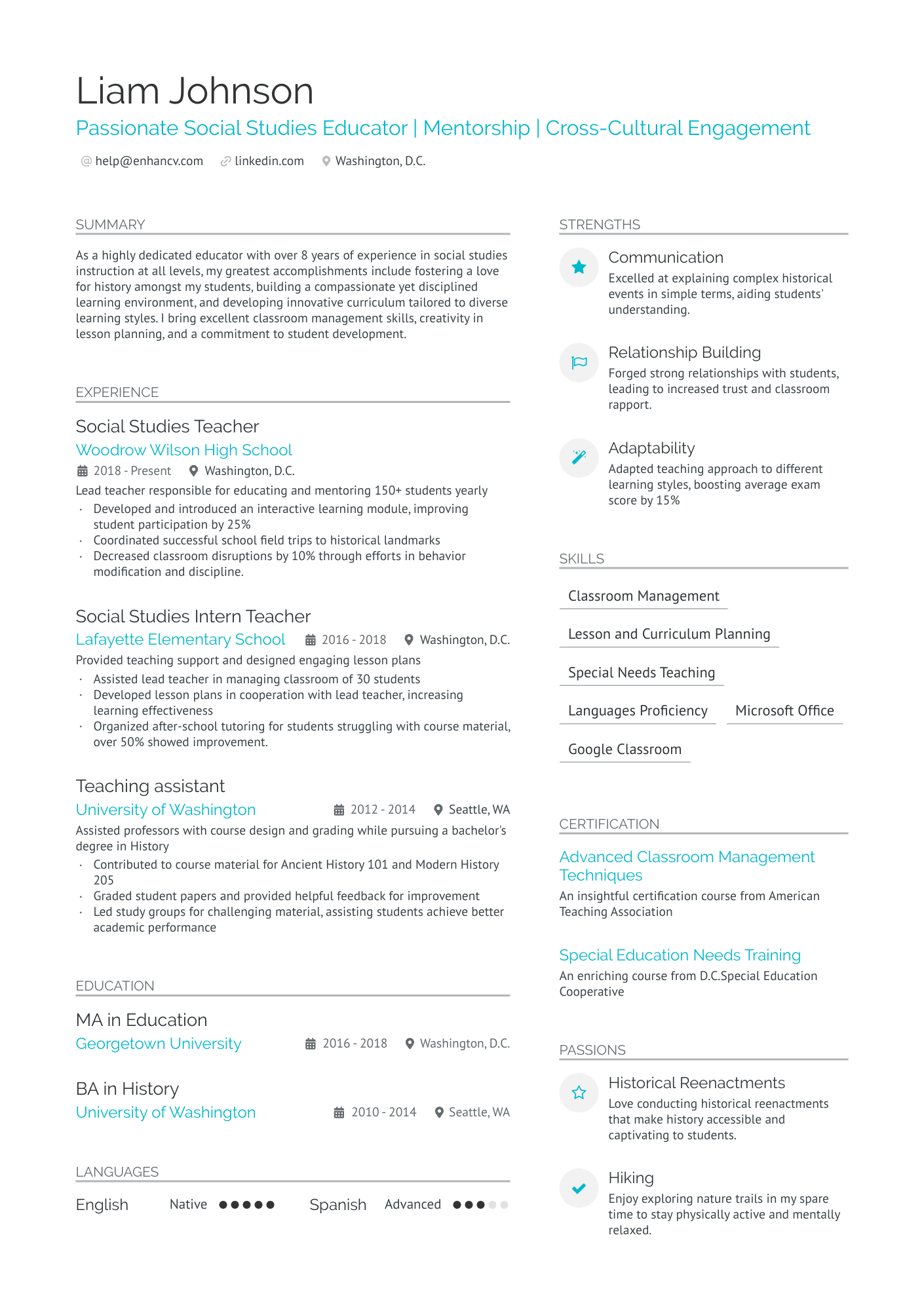 New High School Social Studies Teacher Resume Example