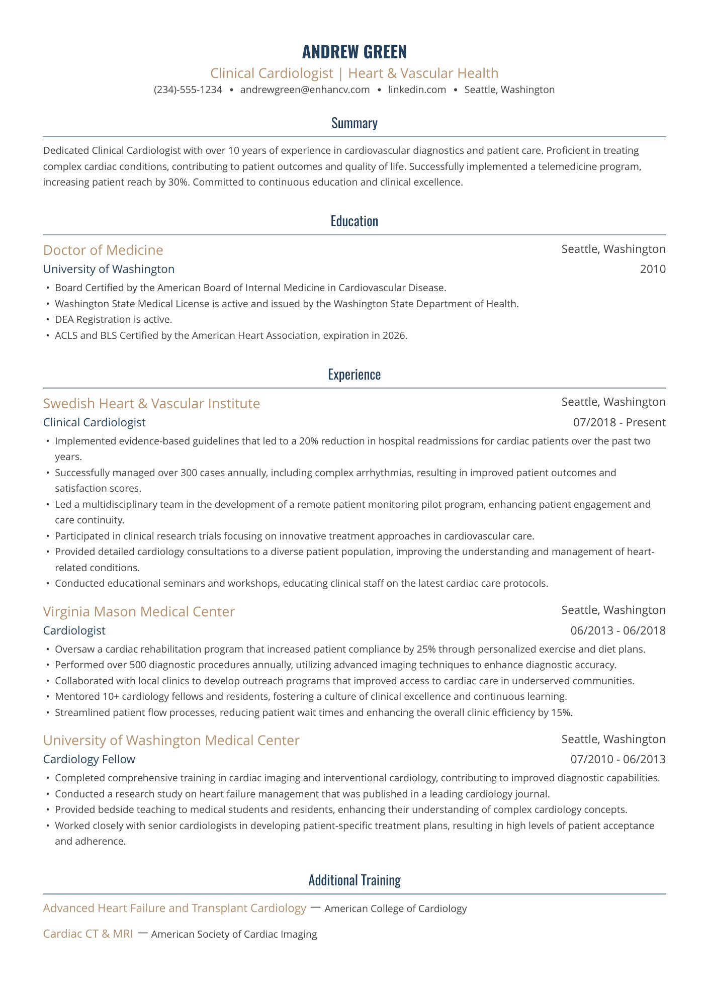 Cardiologist Resume Example
