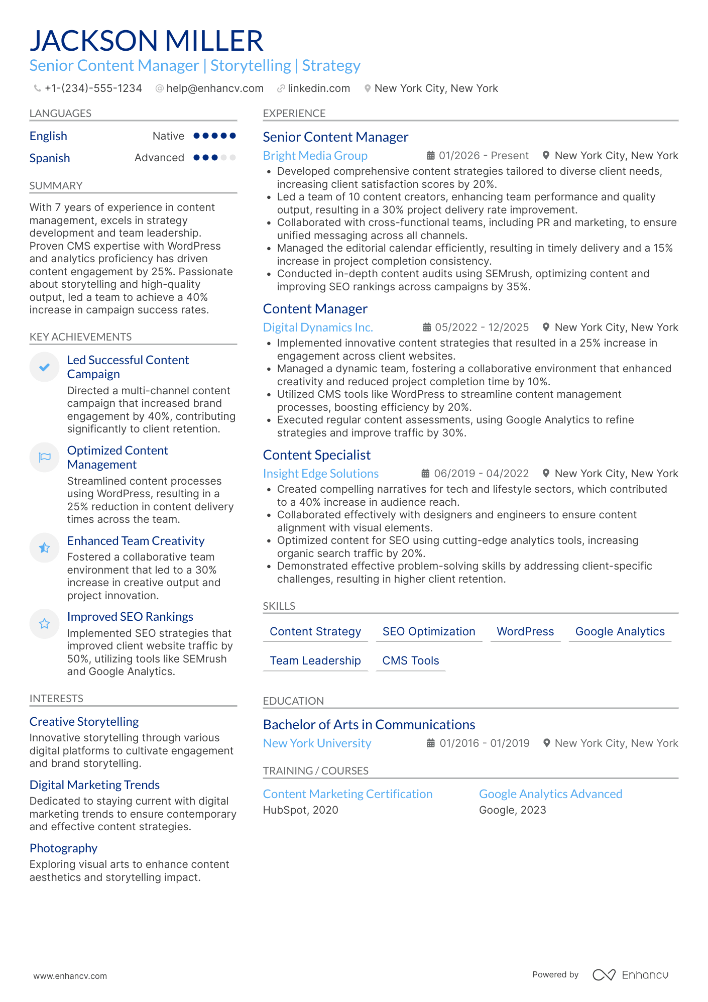 Senior Content Manager Resume Example