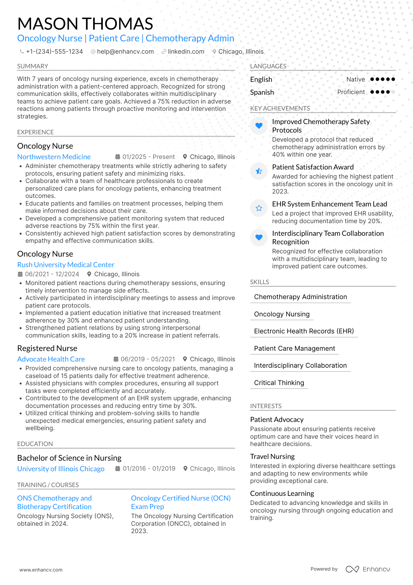 Oncology Travel Nurse Resume Example