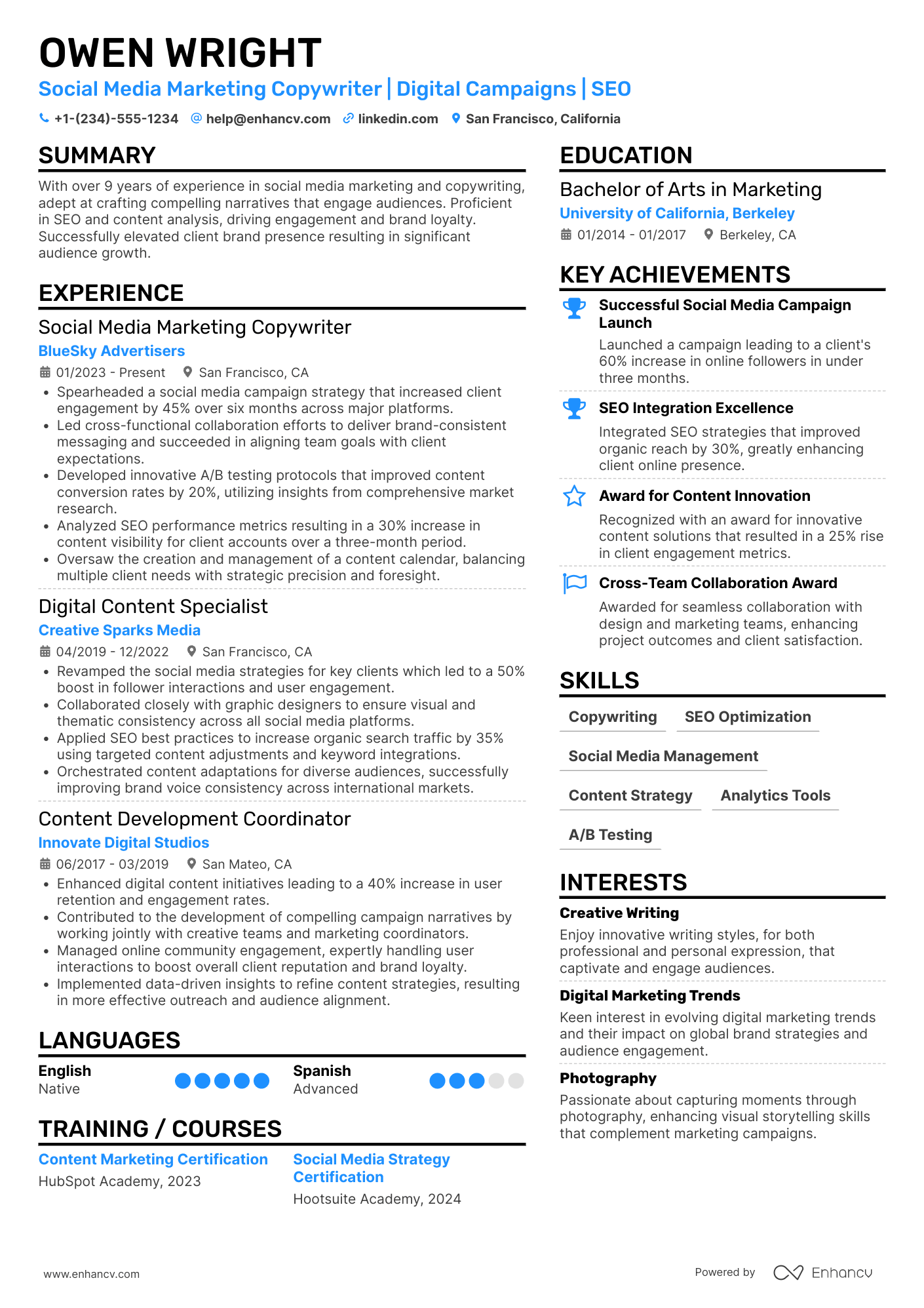 Social Media Marketing Copywriter Resume Example