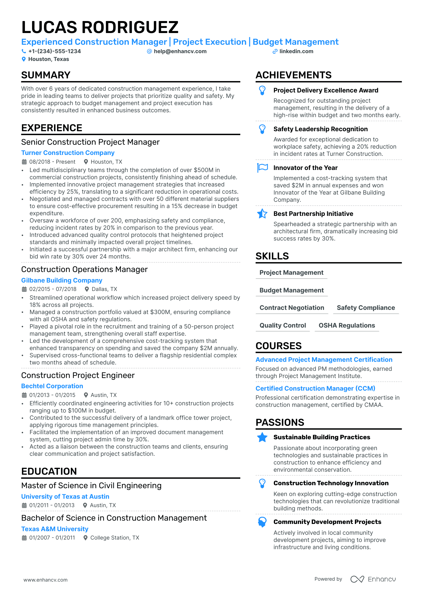 Construction General Manager Resume Example