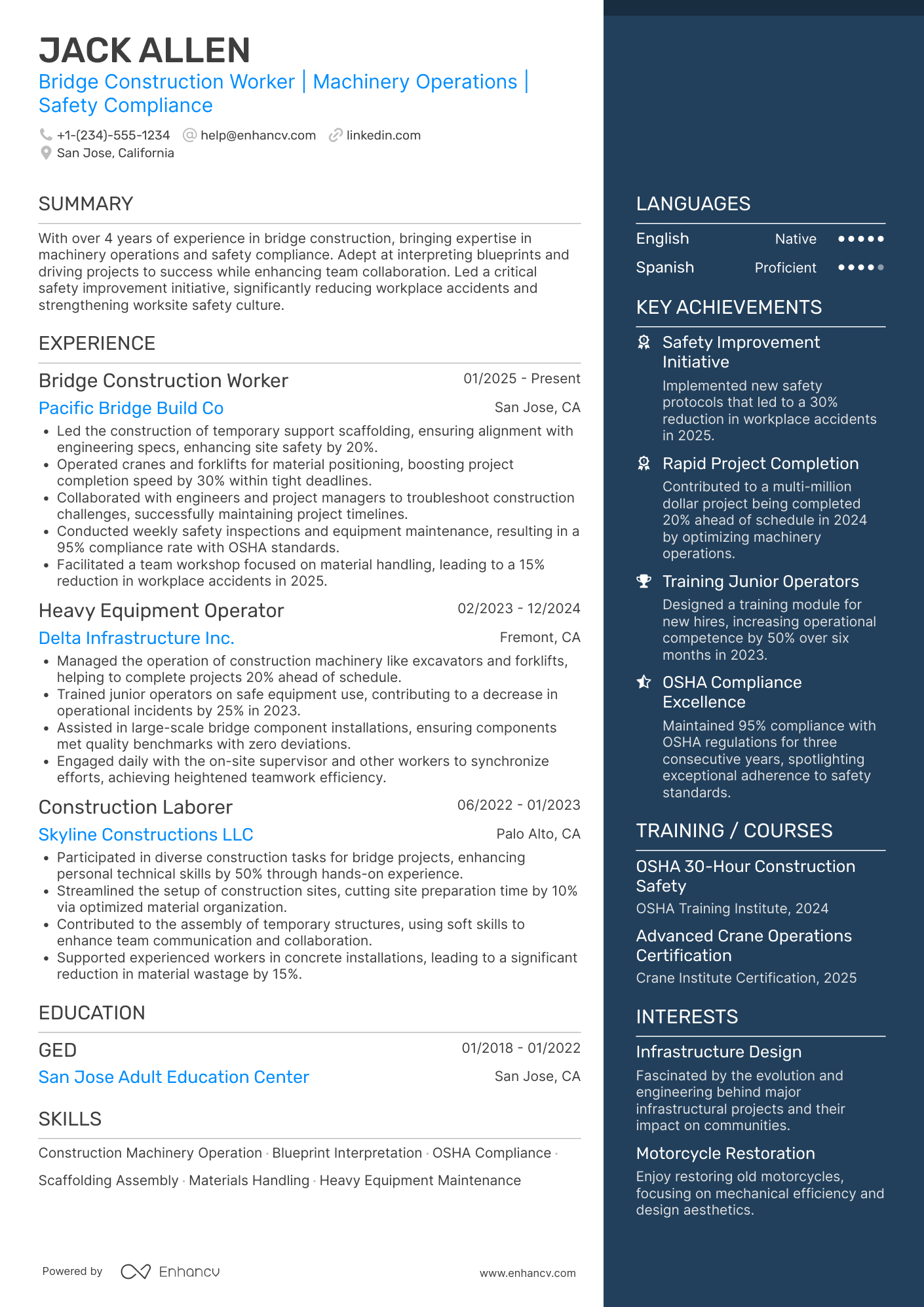 Bridge Construction Worker Resume Example