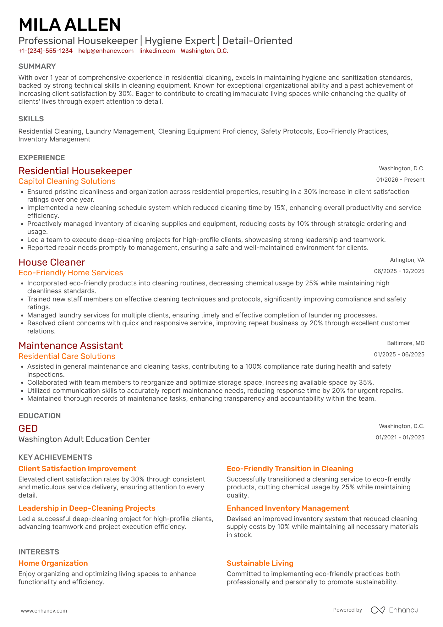 Residential Housekeeper Resume Example