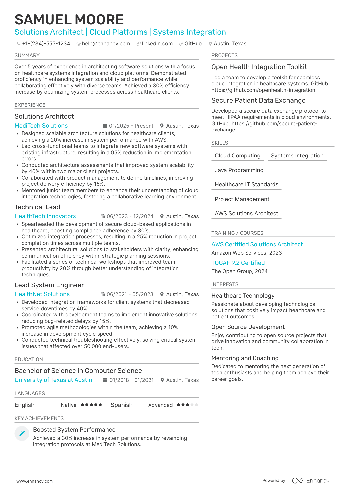 Technical Solutions Architect Resume Example