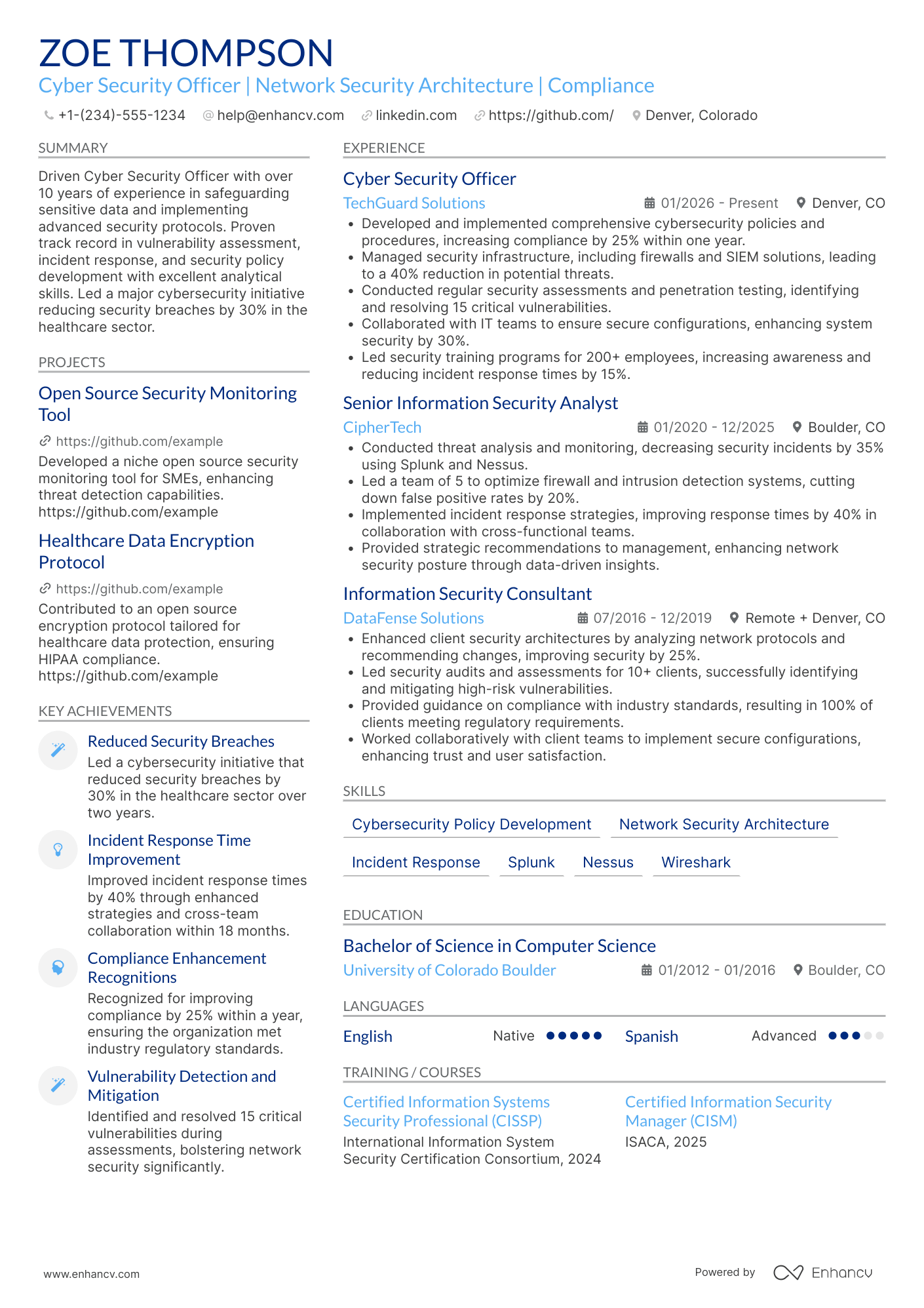 Cyber Security Officer Resume Example