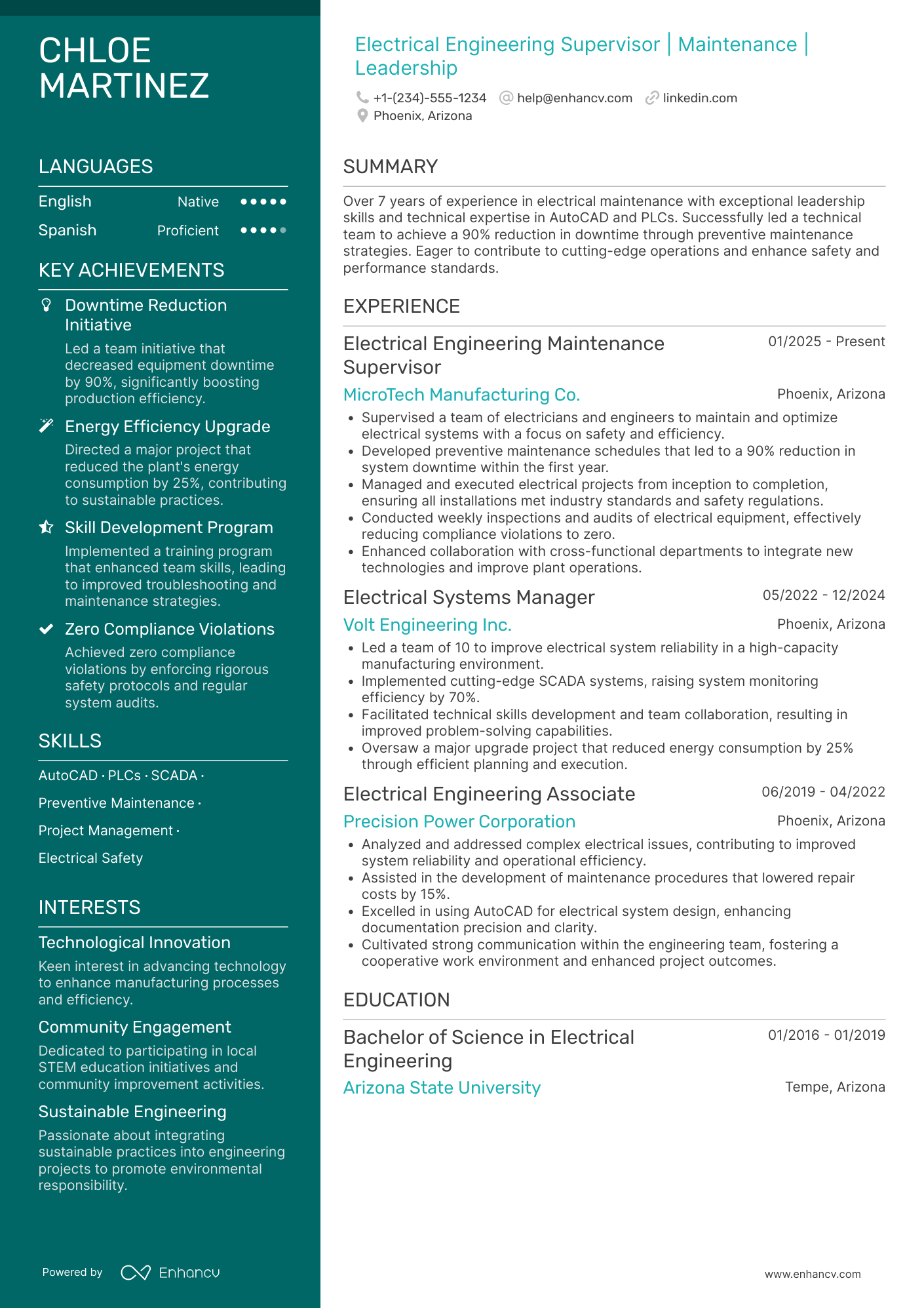 Electrical Engineering Maintenance Supervisor Resume Example