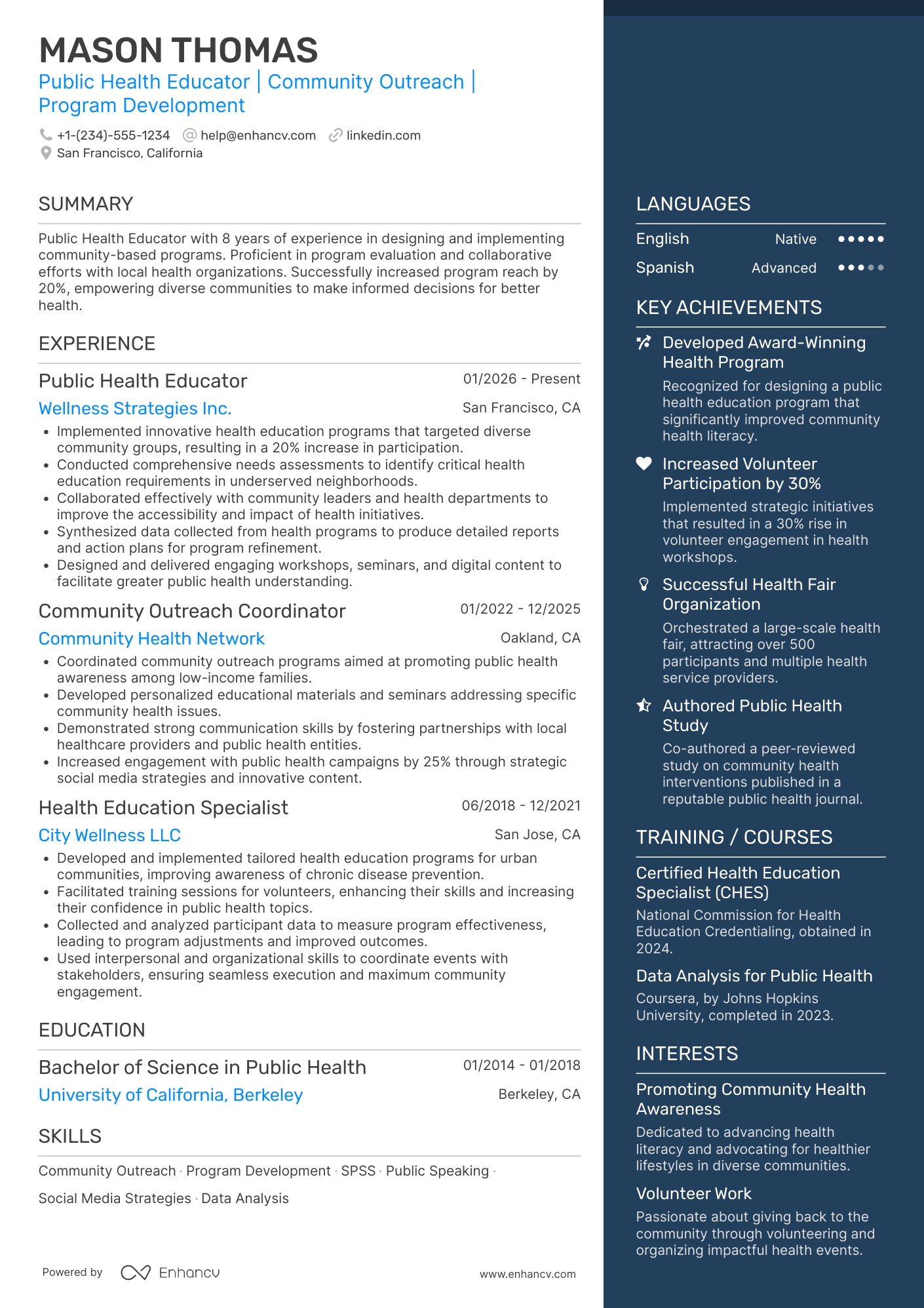 Public Health Educator Resume Example
