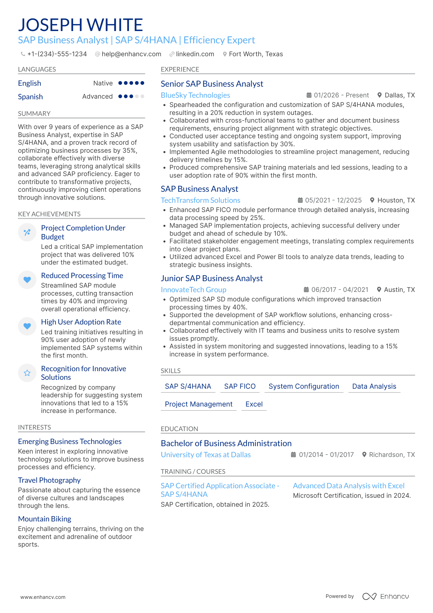 SAP Business Analyst Resume Example