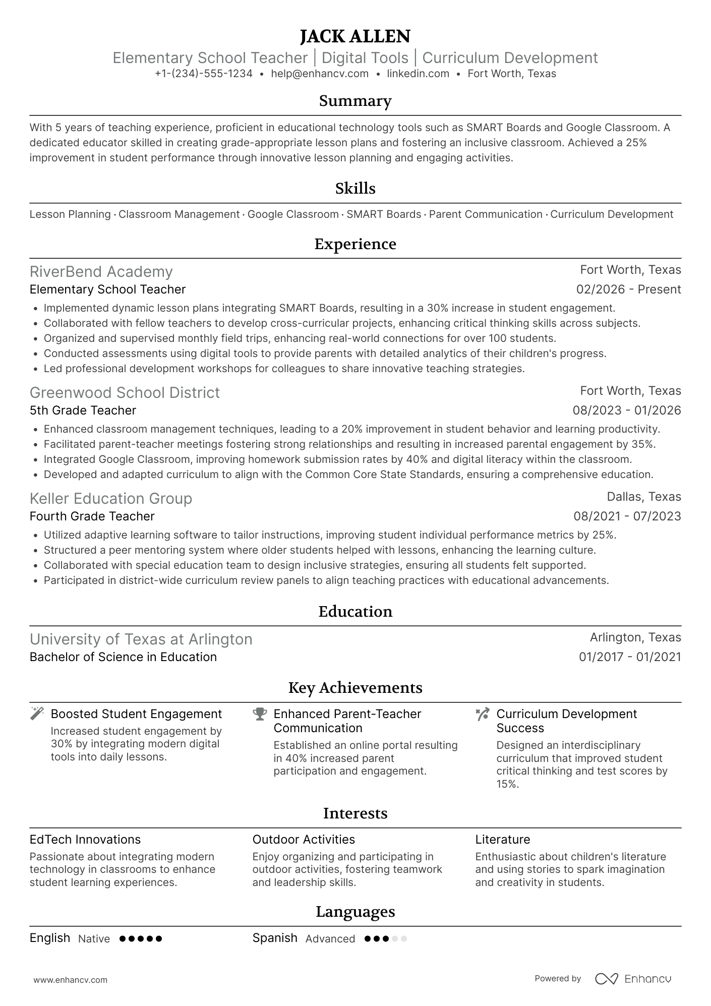 Stay at Home Mom Returning to Teaching Resume Example