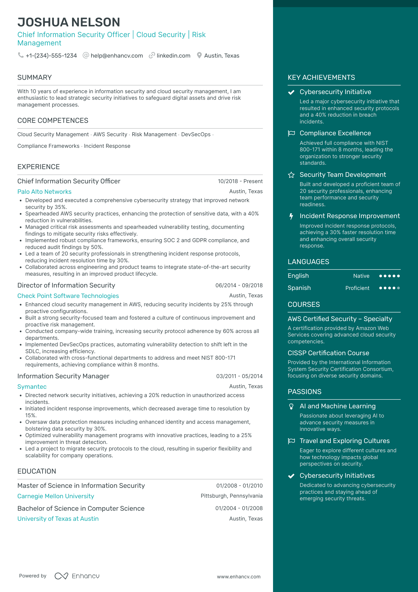 Global Chief Security Officer Resume Example