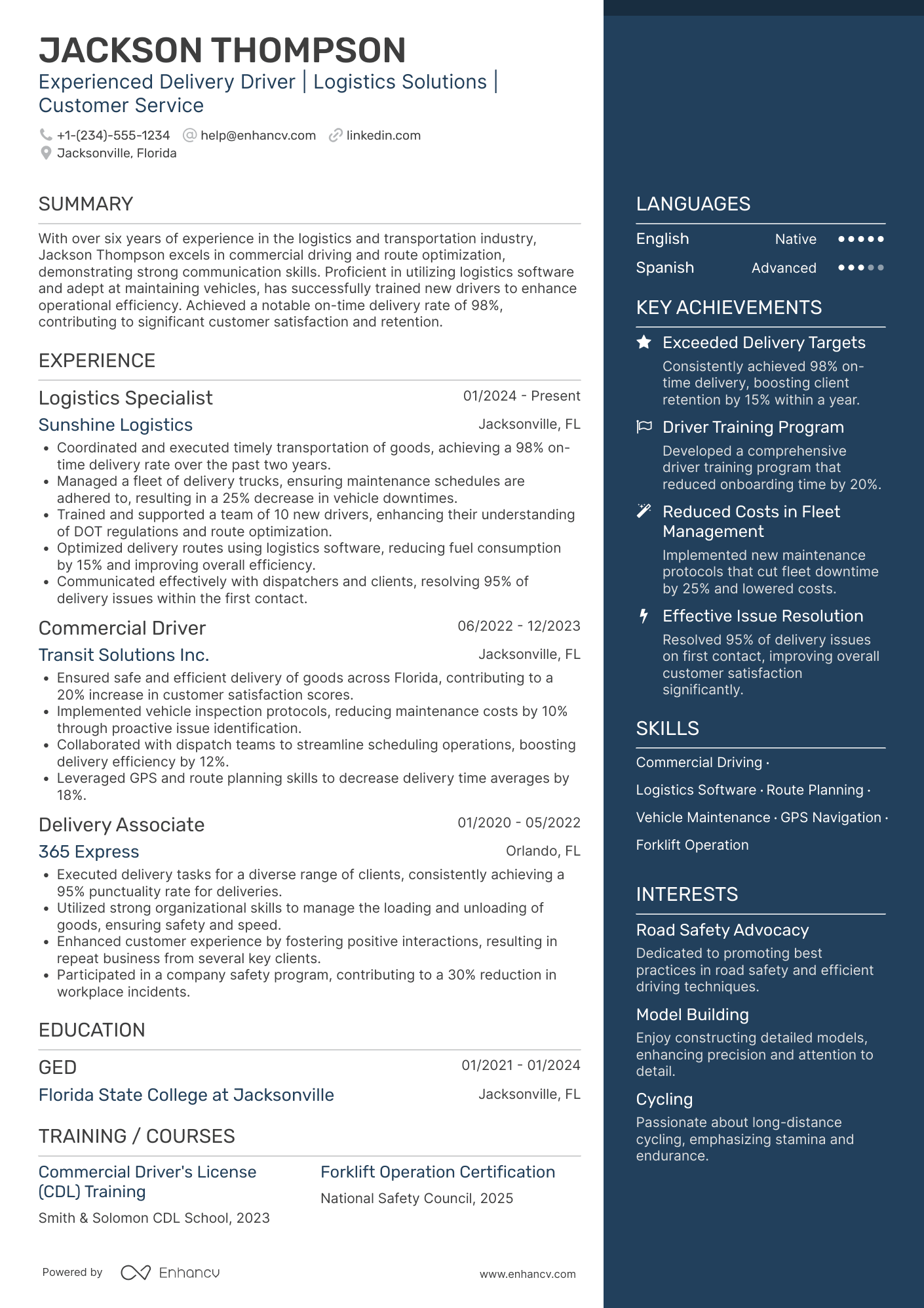 Commercial Delivery Driver Resume Example