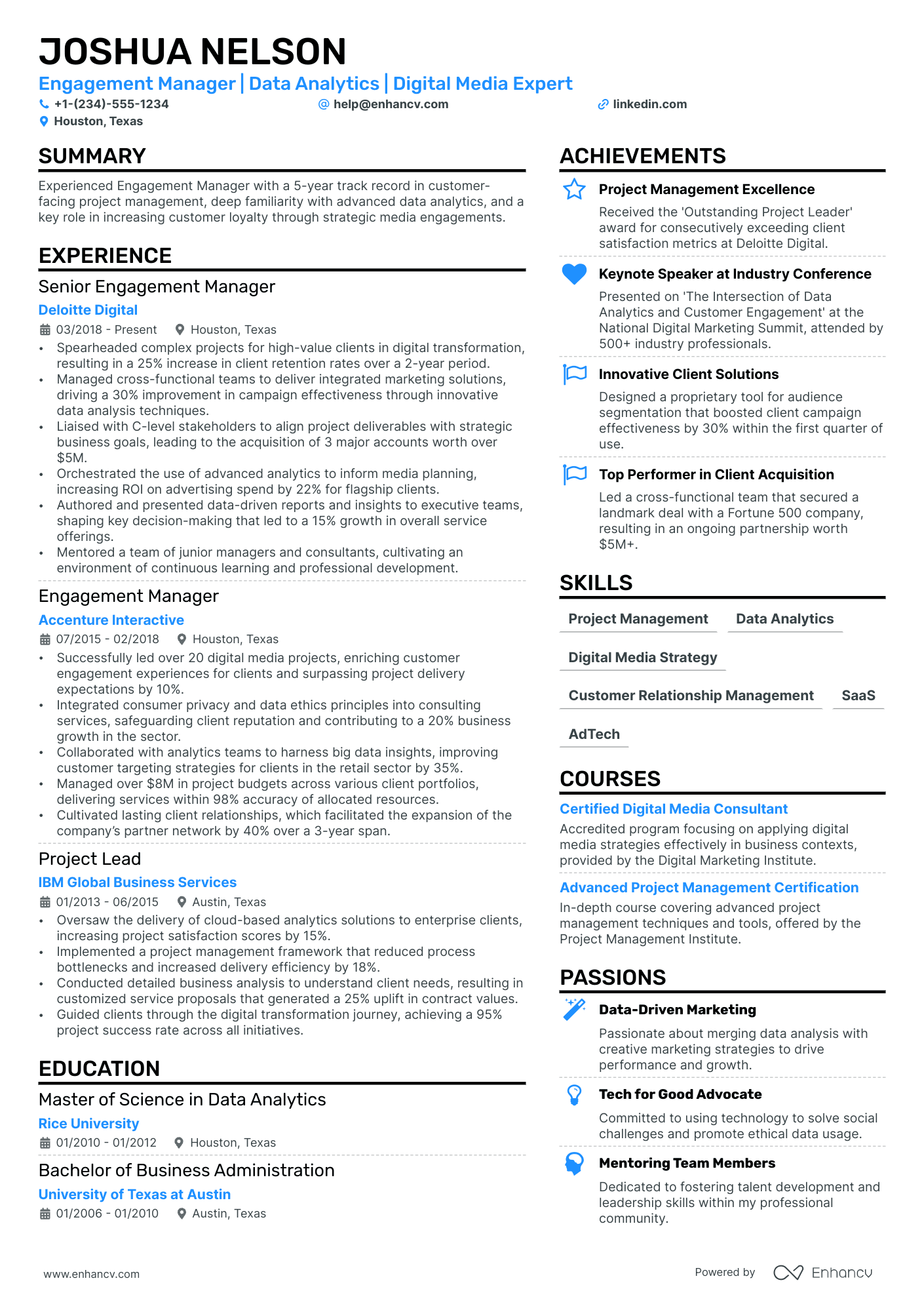 Engagement Manager Resume Example