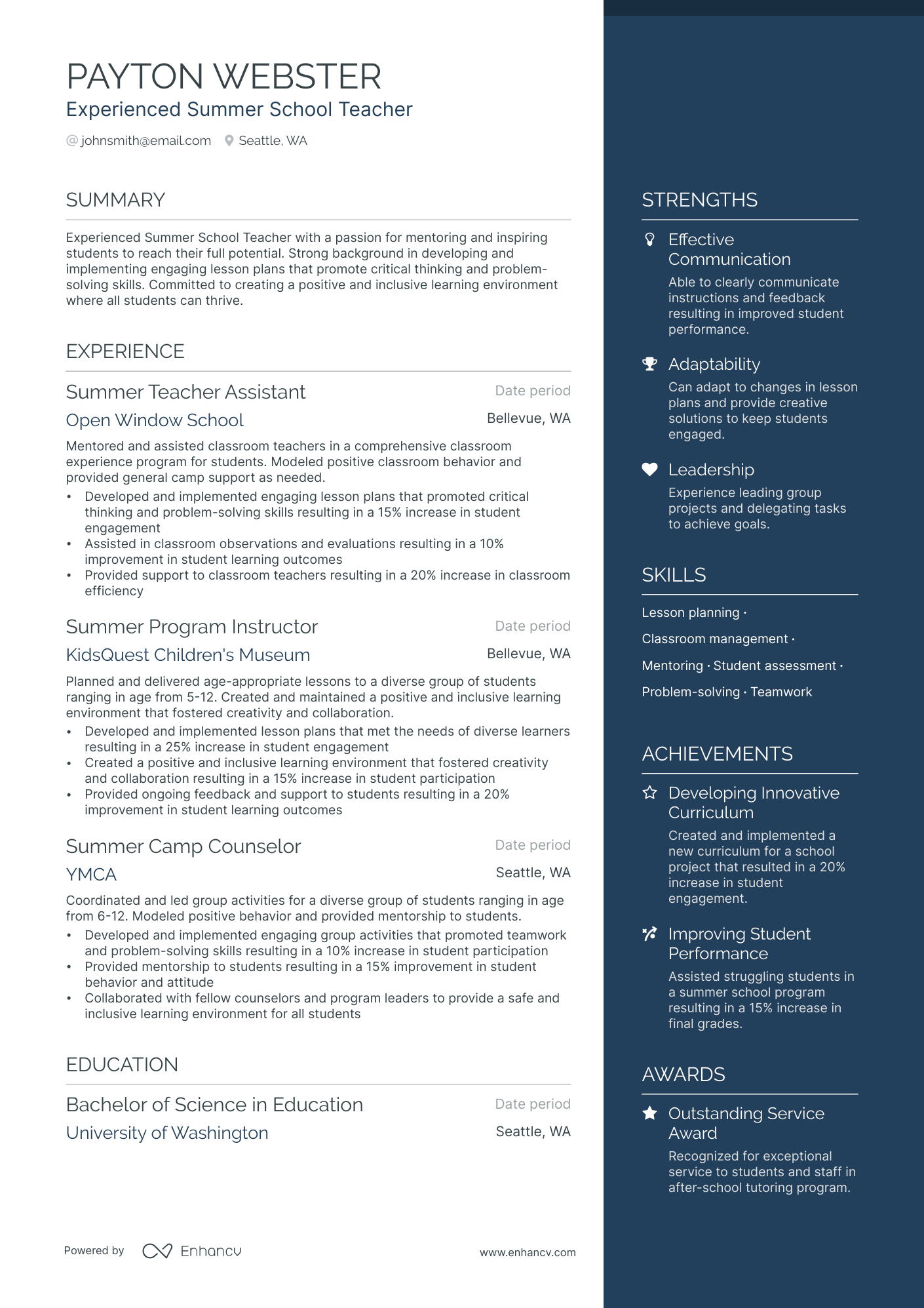 Summer School Teacher Resume Example