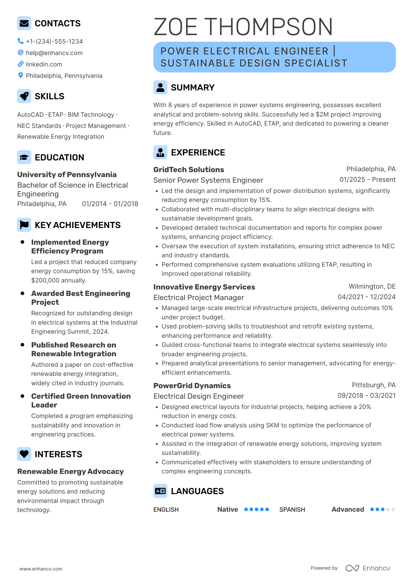 Power Electrical Engineer Resume Example