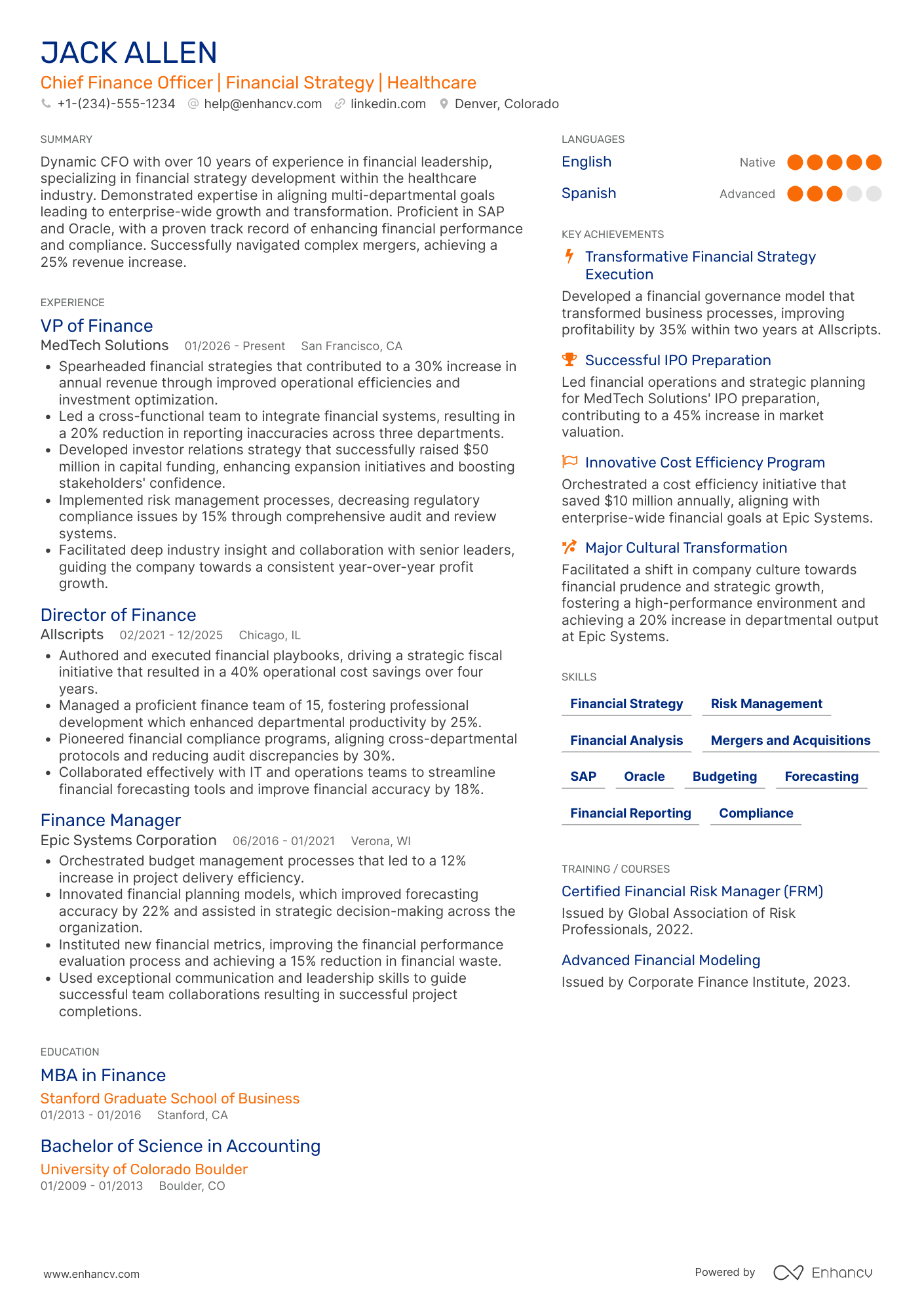 Chief Finance Officer Resume Example