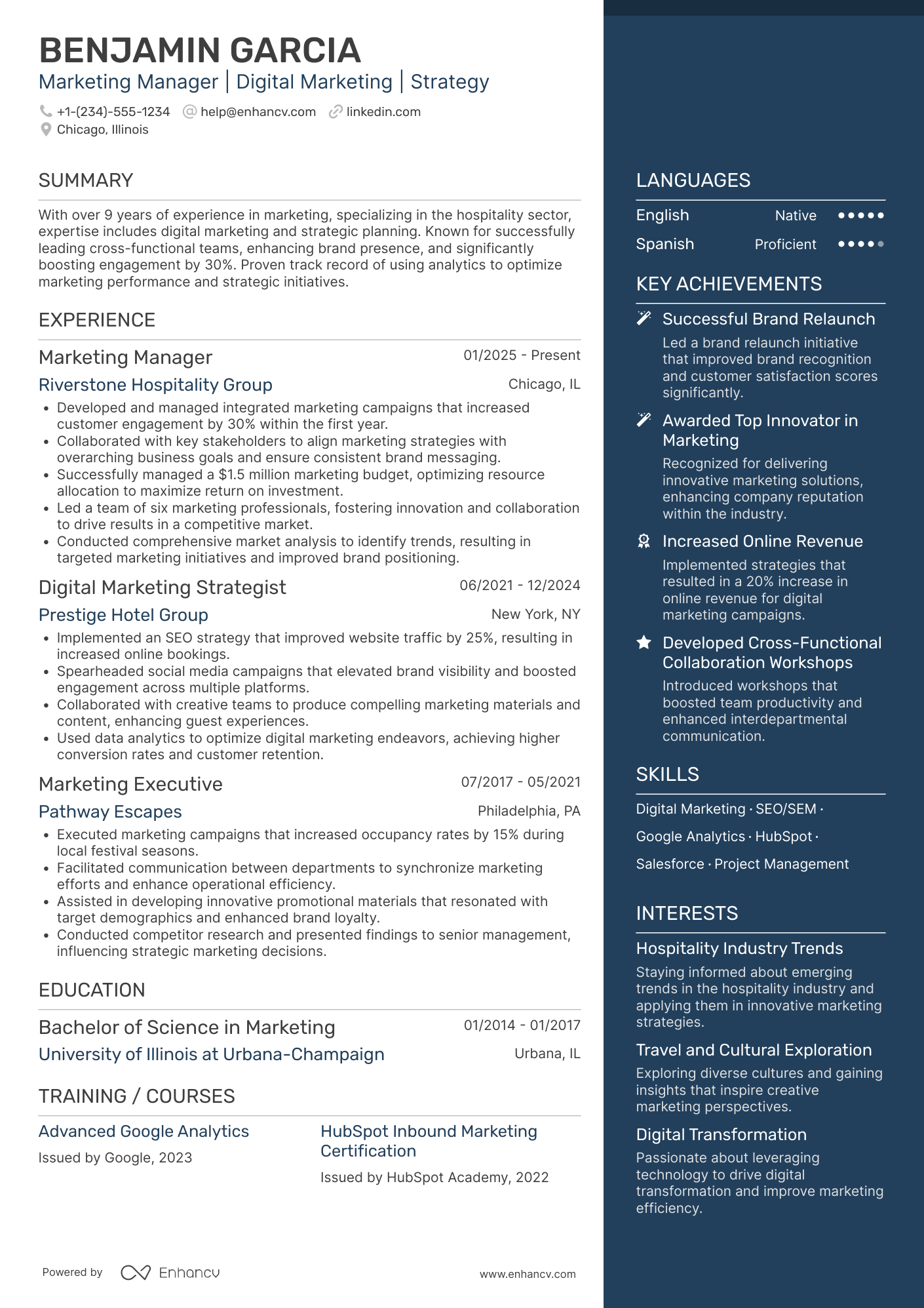 Hospitality Marketing Manager Resume Example