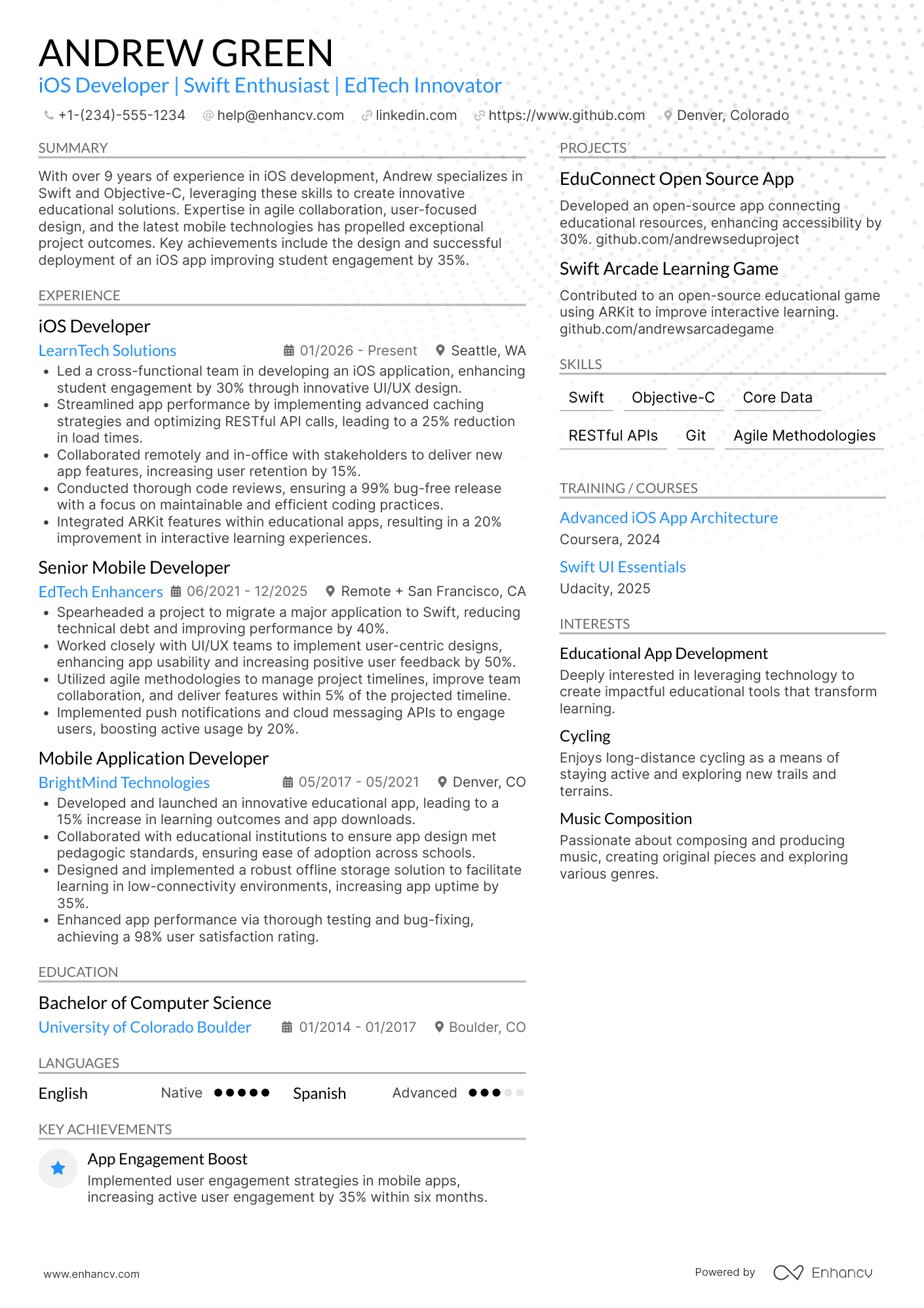 iOS Developer, Education Technology Resume Example