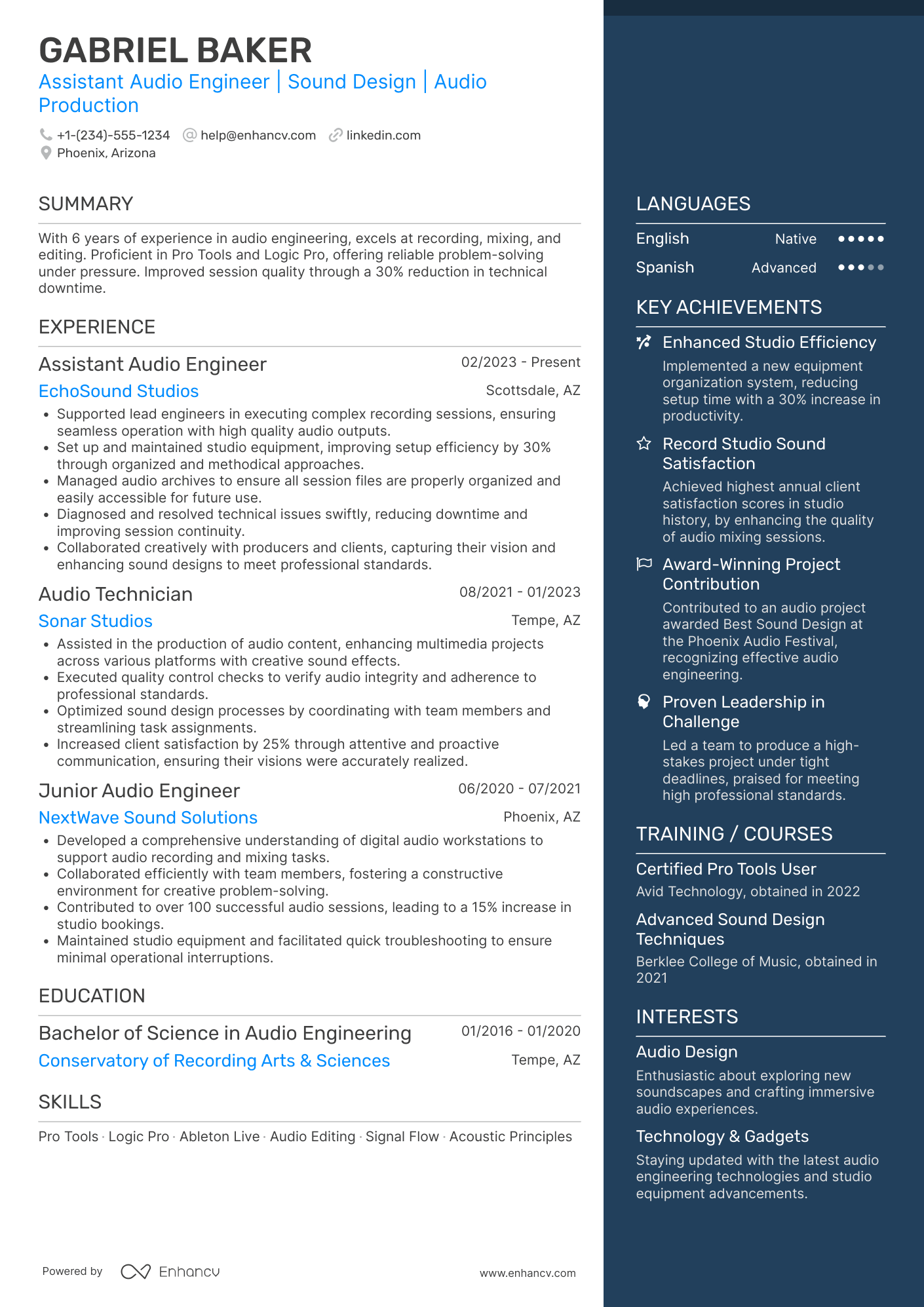 Assistant Audio Engineer Resume Example