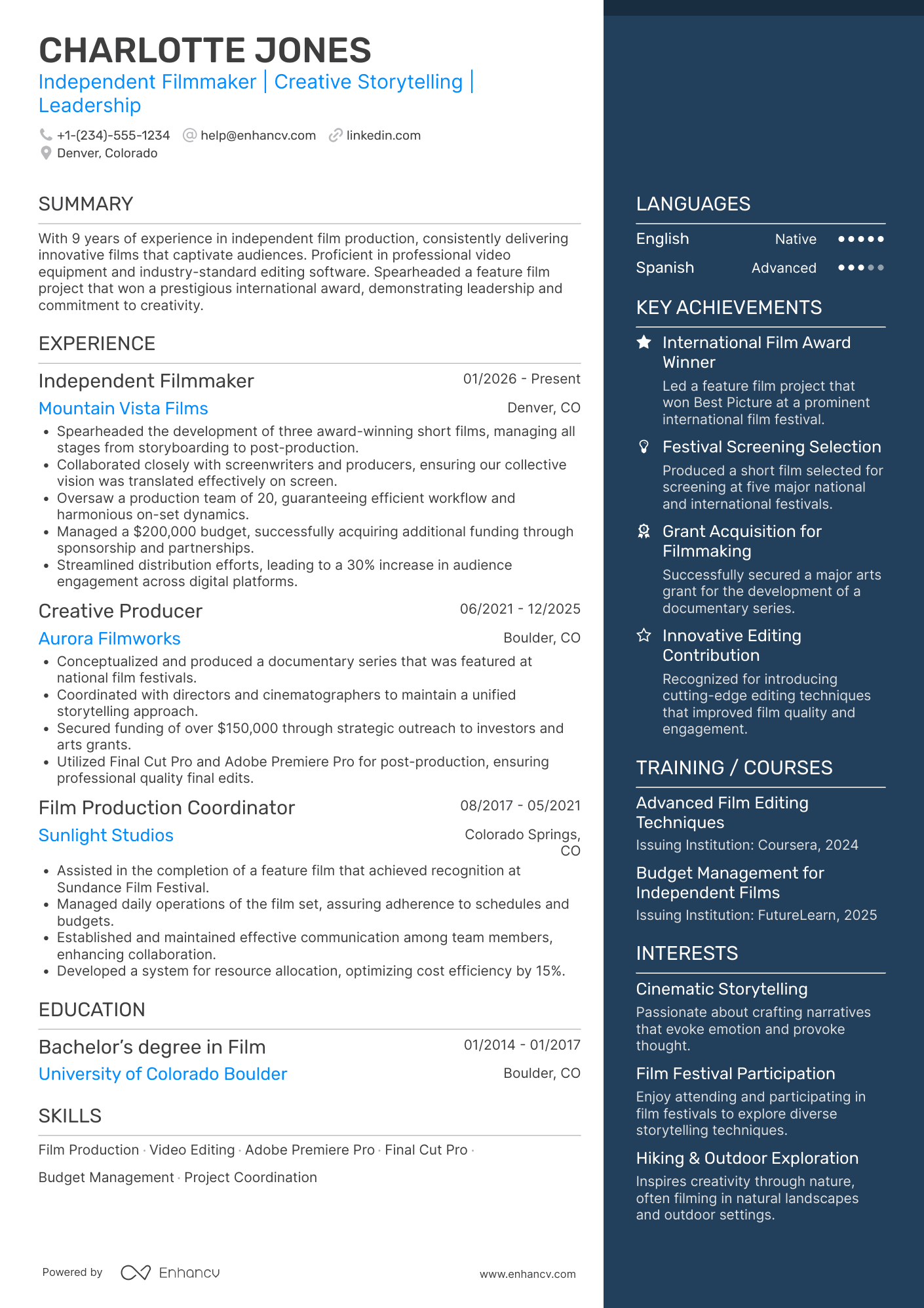 Independent Filmmaker Resume Example