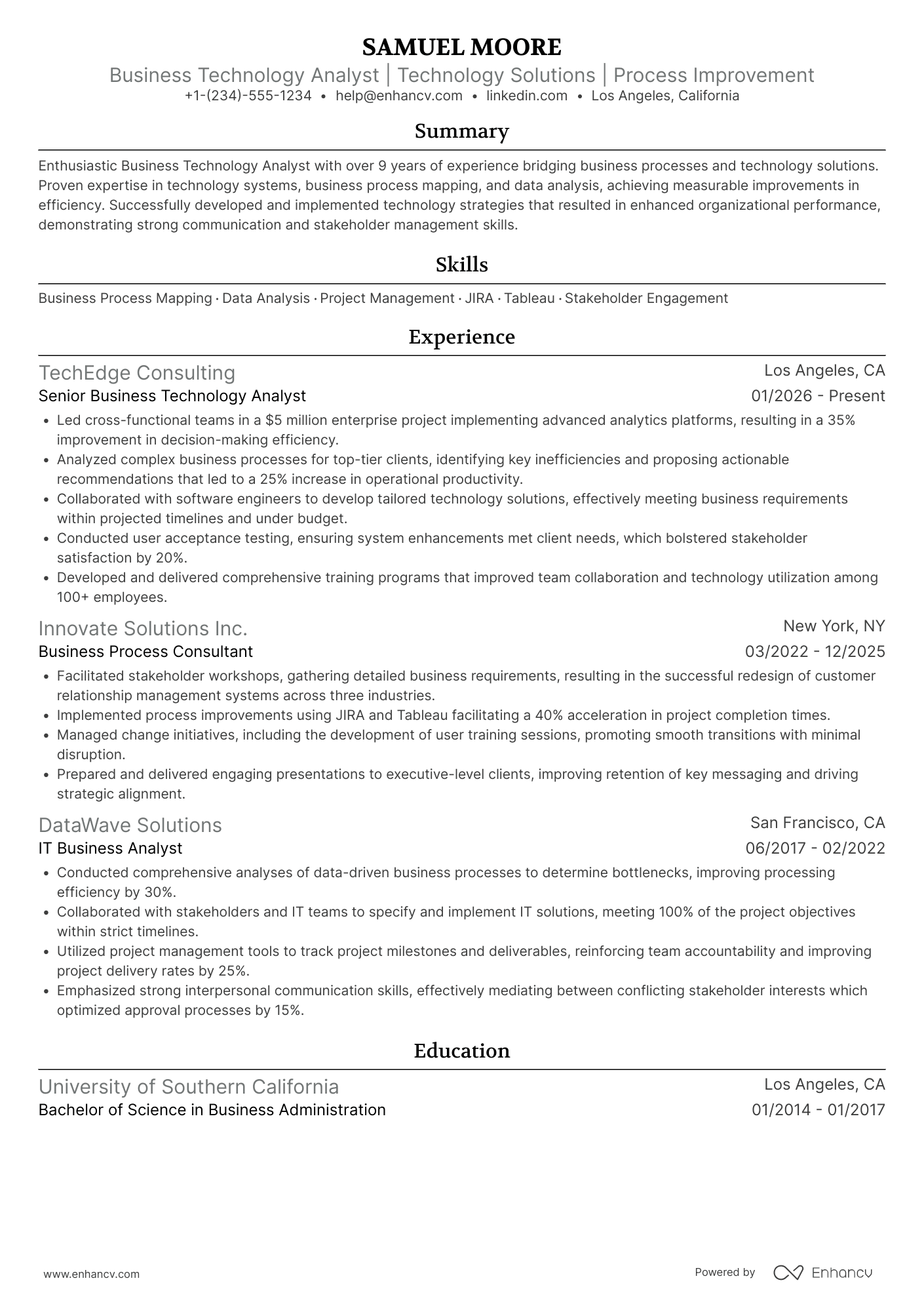 Deloitte Business Technology Analyst Resume Example