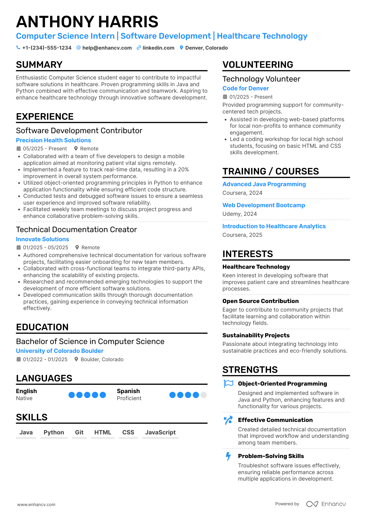 Computer Science Intern Resume Example