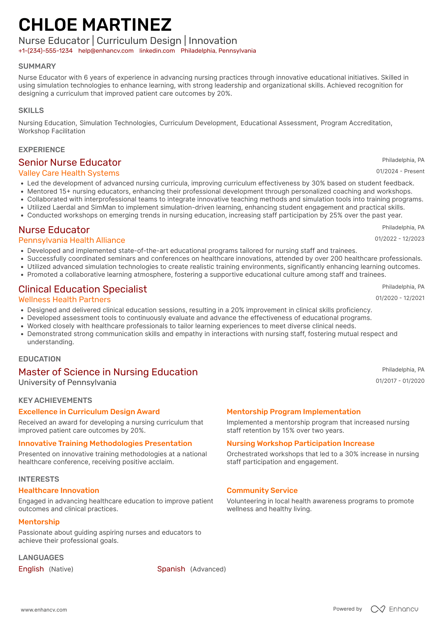 Senior Nurse Educator Resume Example