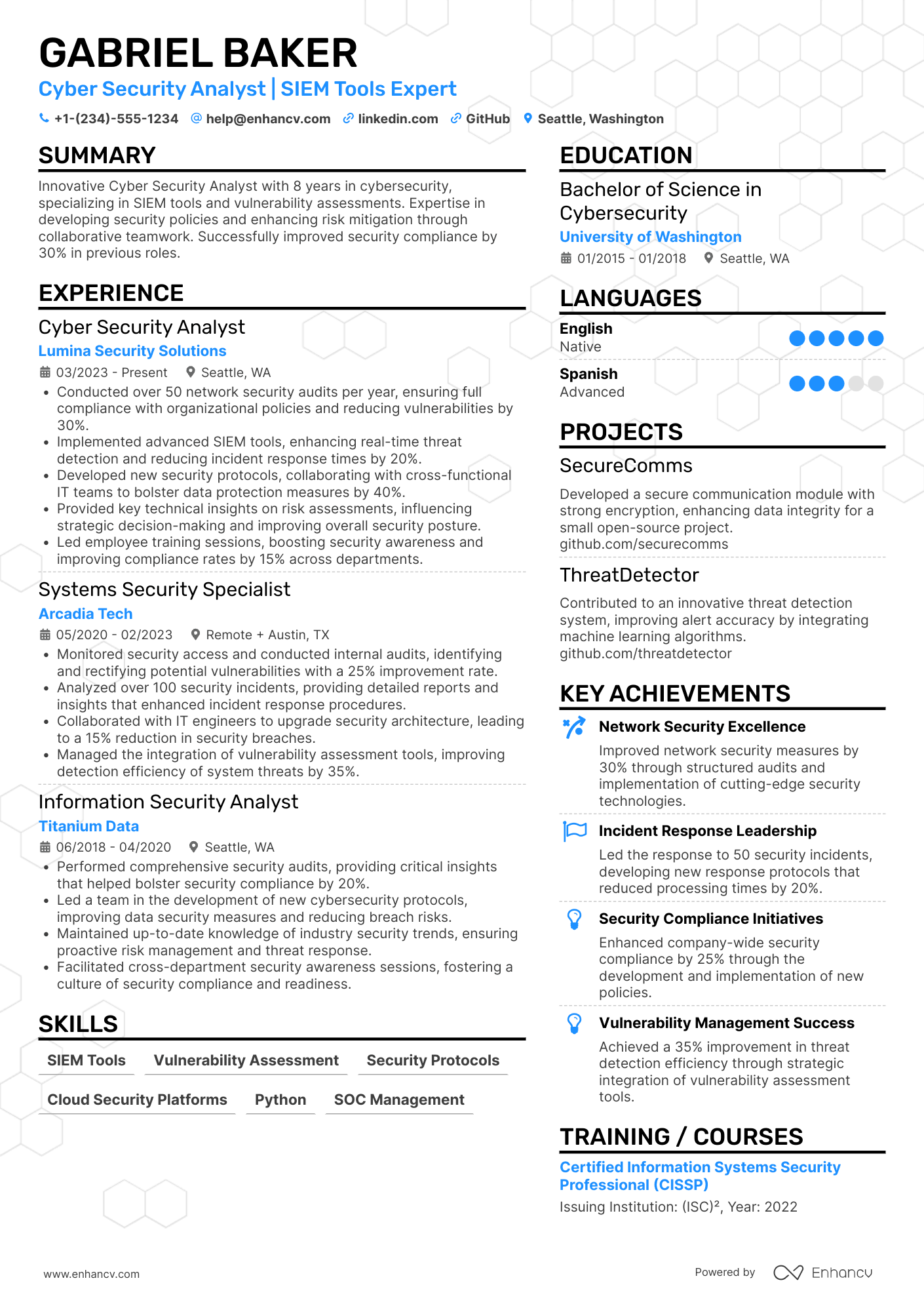 Cyber Security Systems Analyst Resume Example
