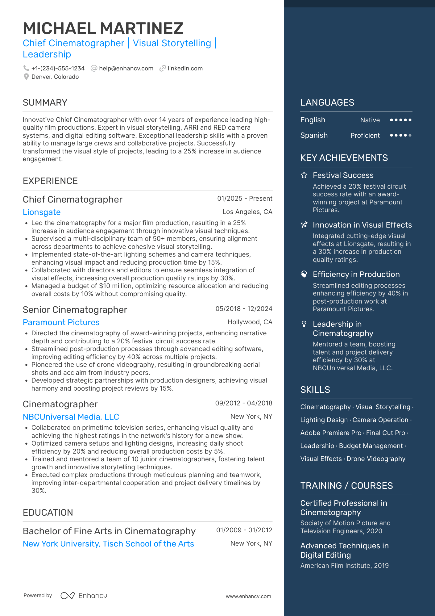 Chief Cinematographer Resume Example