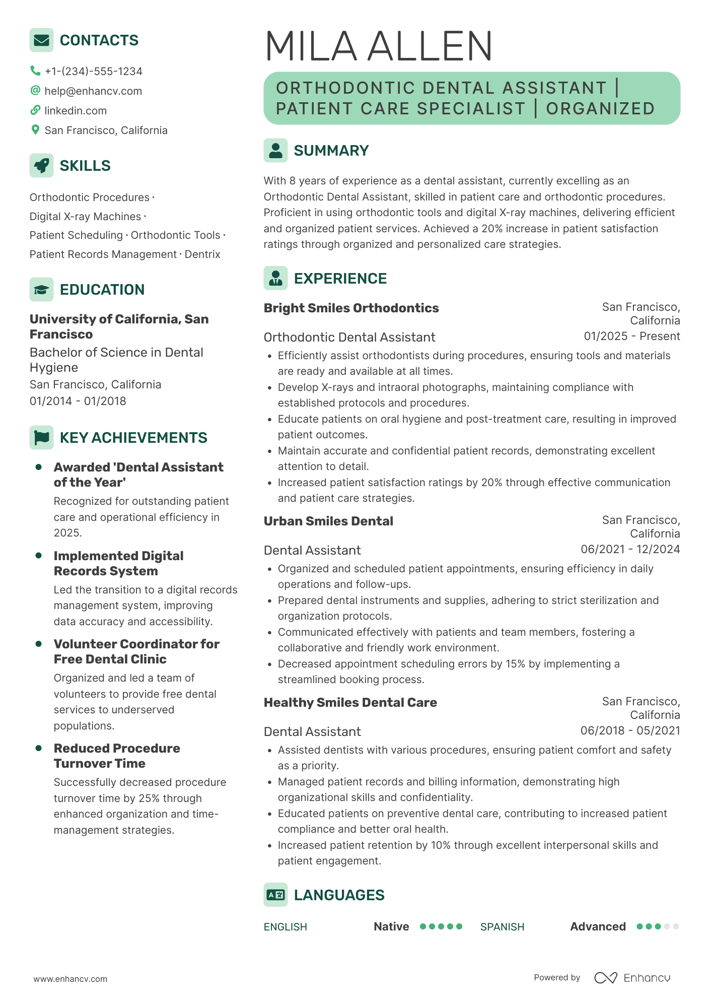 Orthodontic Dental Assistant Resume Example