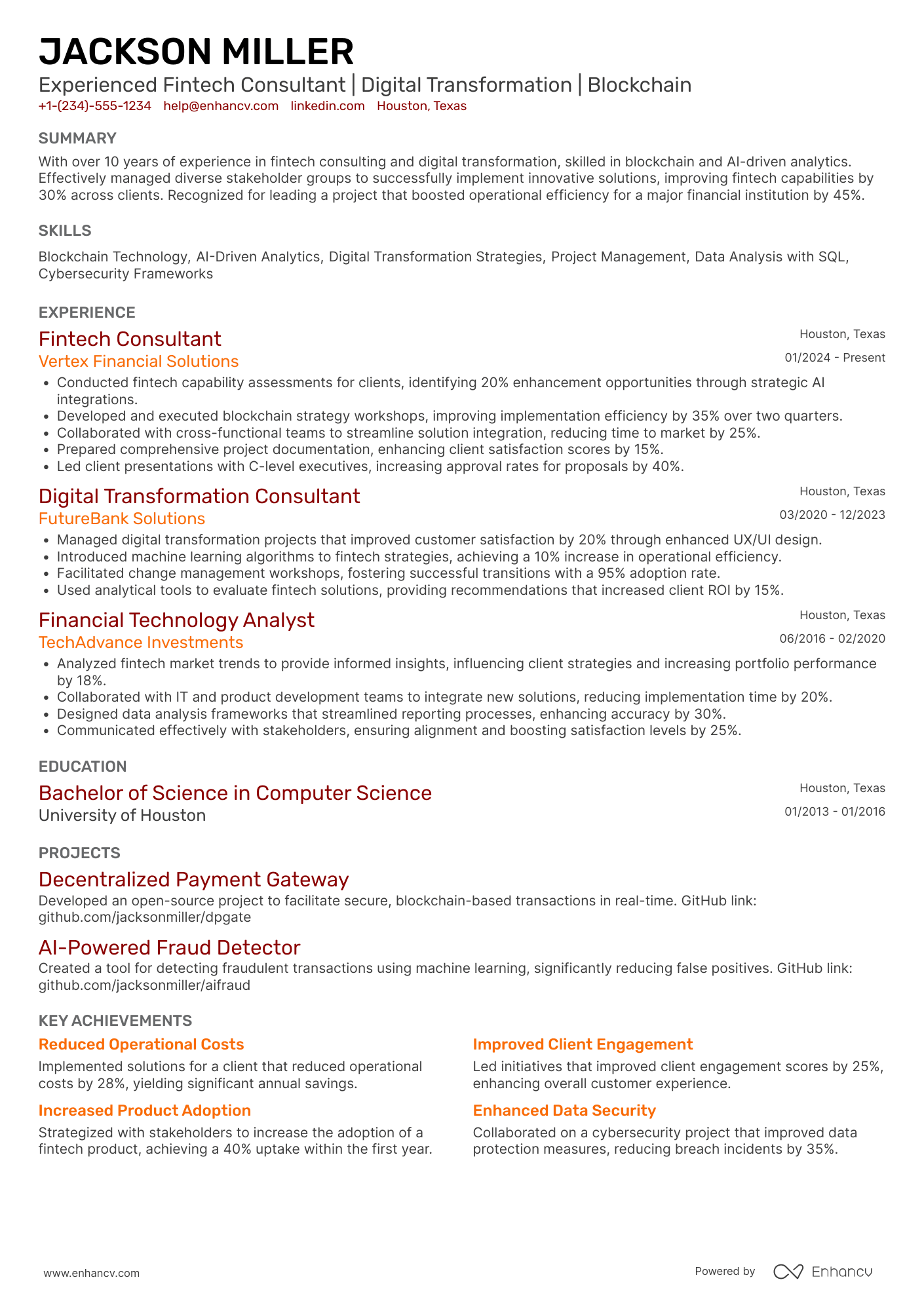 Silicon Valley Fintech Consultant Resume Example