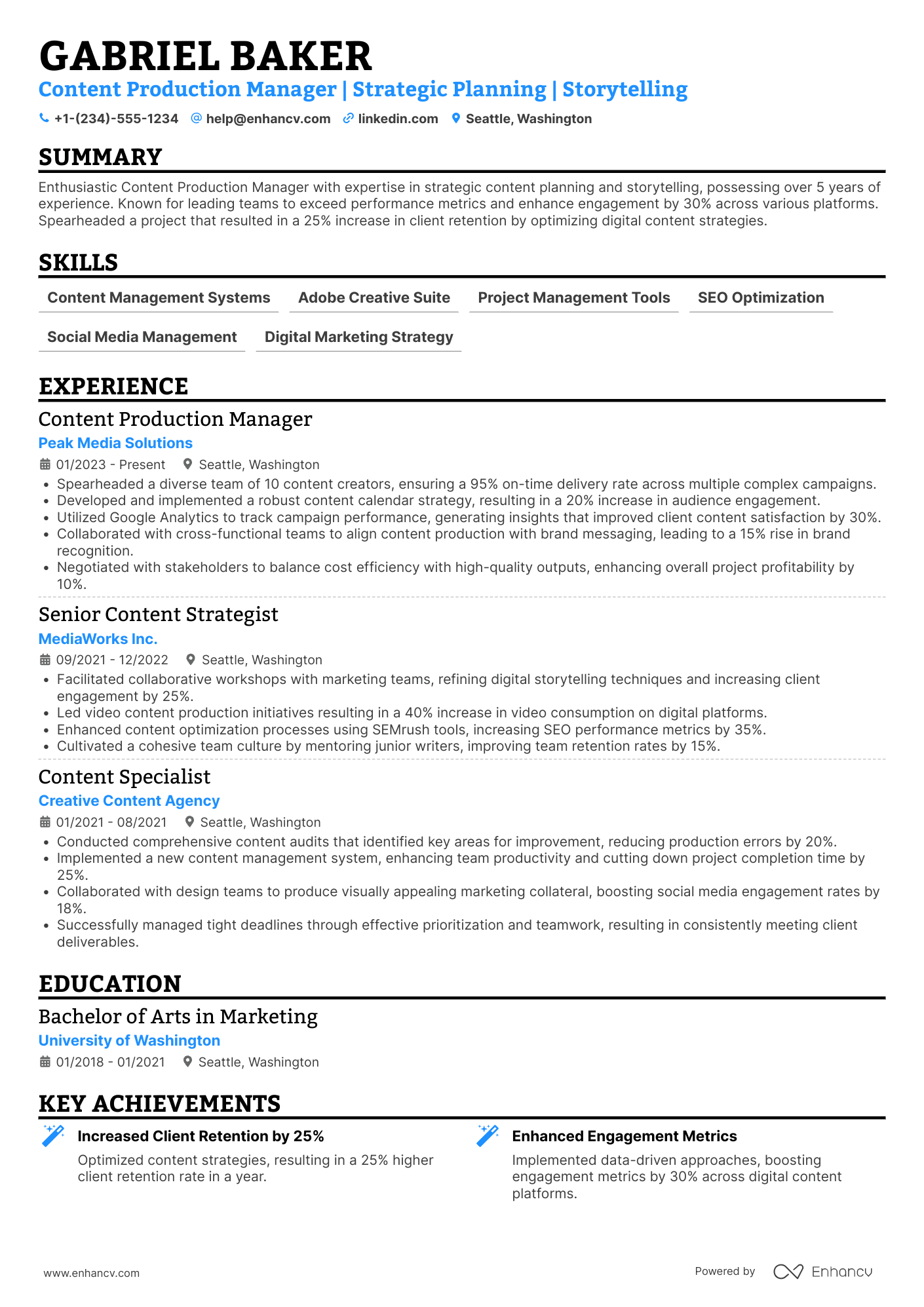 Content Production Manager Resume Example