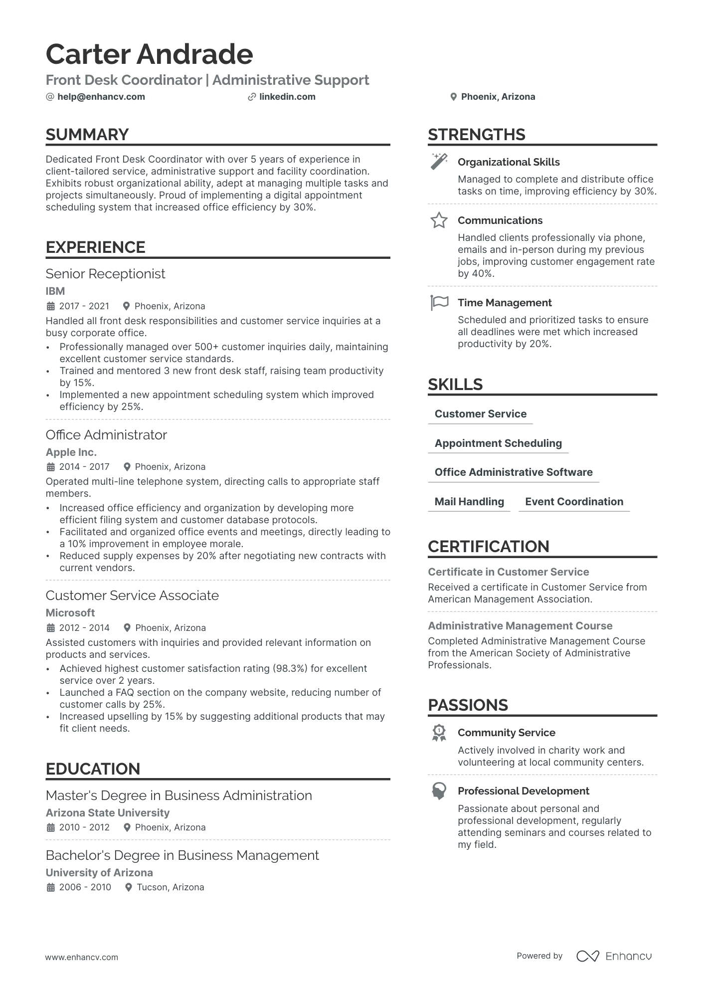 Front Desk Coordinator Resume Example