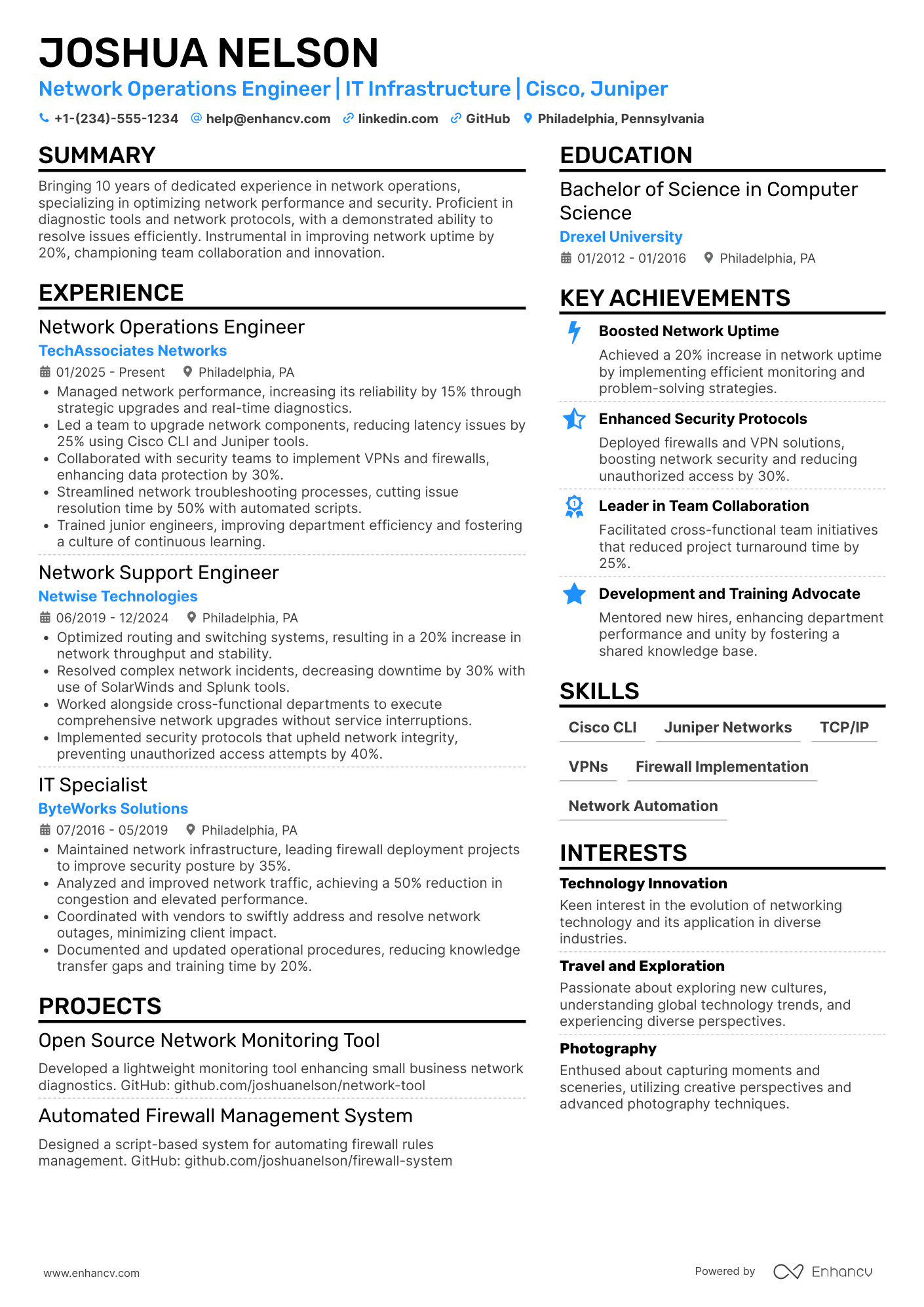 Network Operations Engineer Resume Example