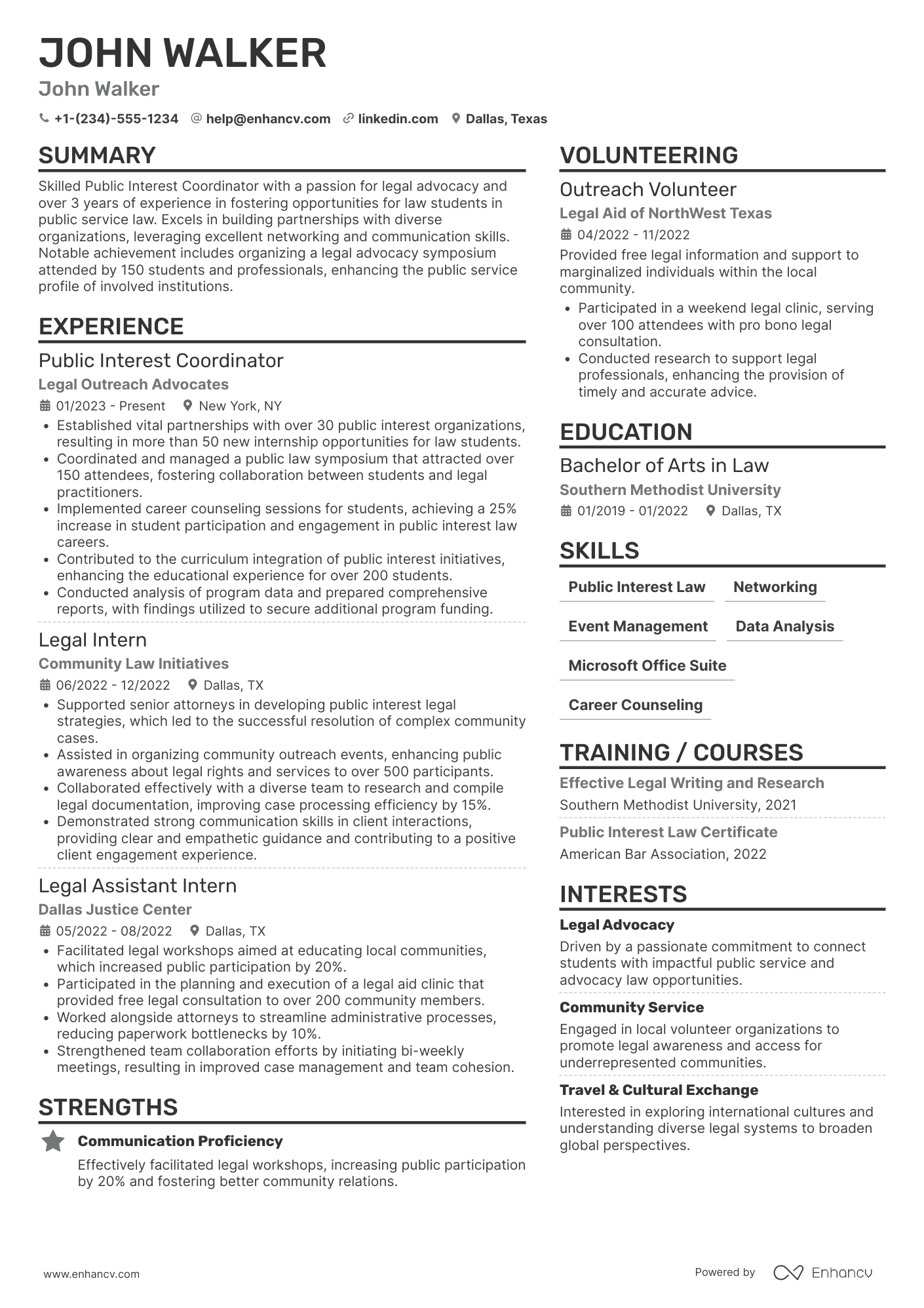 Law School Public Interest Coordinator Resume Example