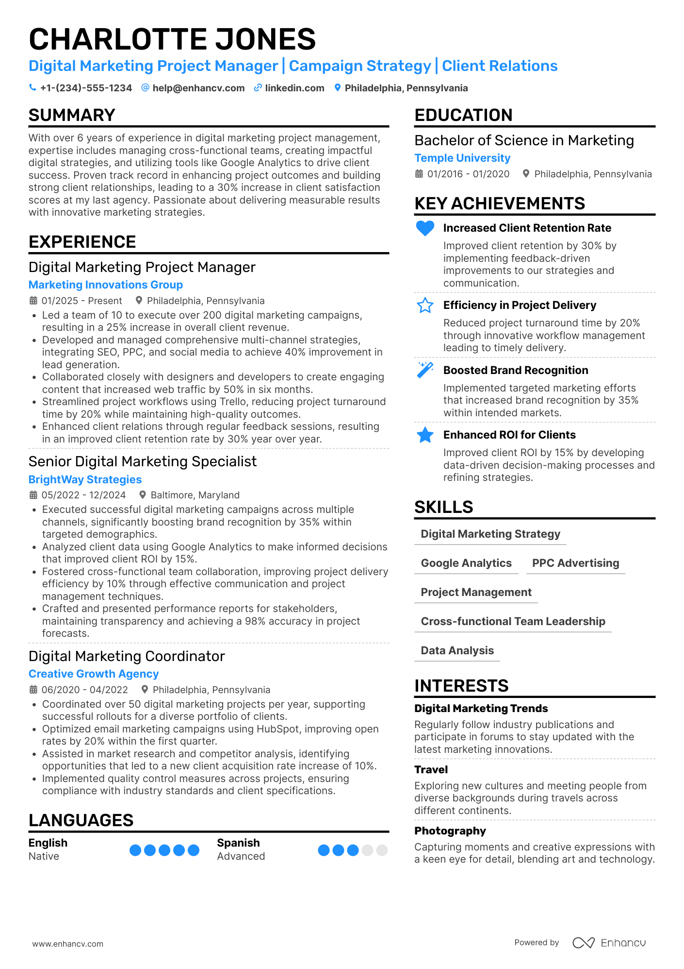 Digital Marketing Project Manager Resume Example