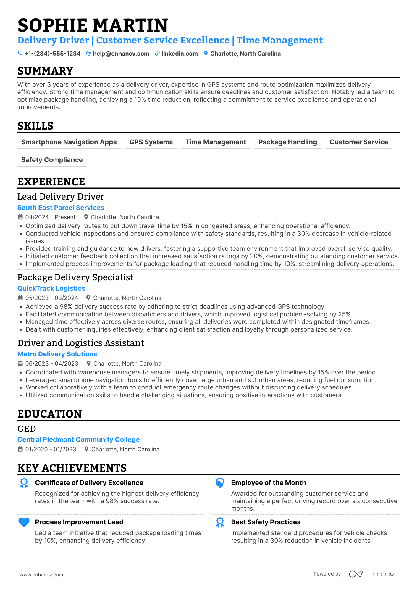 Amazon Delivery Driver Resume Example
