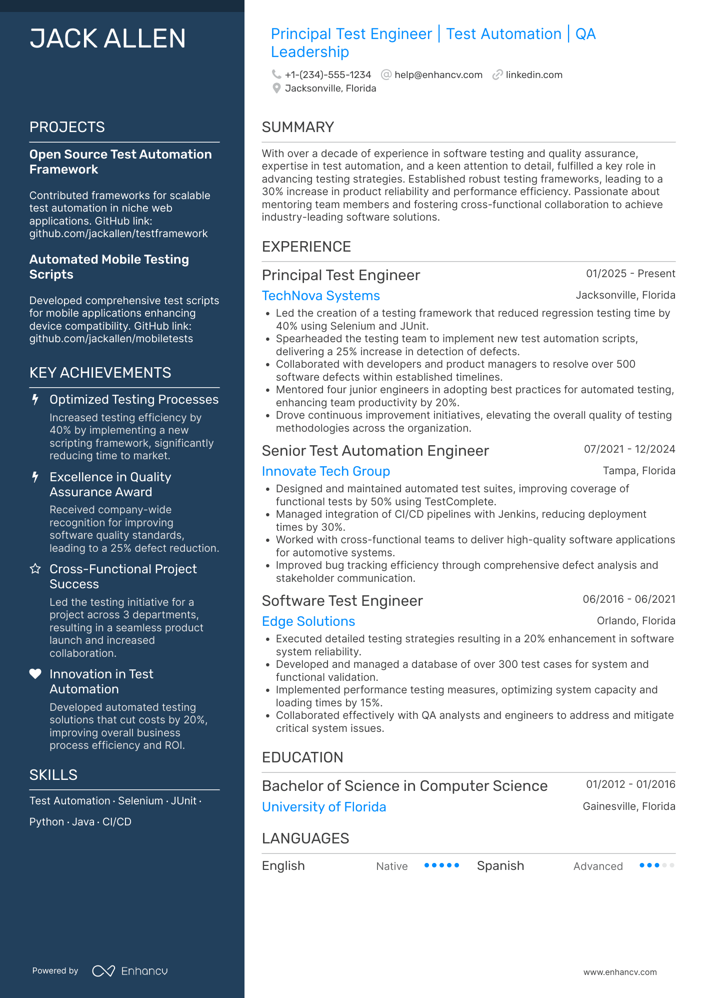 Principal Test Engineer Resume Example