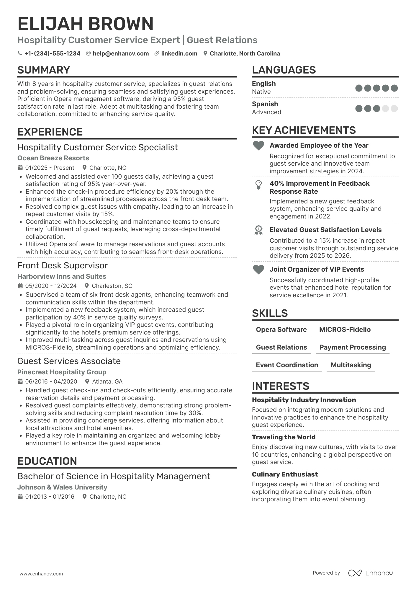 Hospitality Customer Service Representative Resume Example