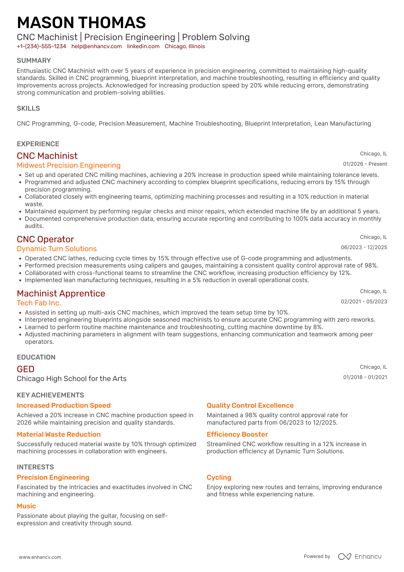 CNC Machinist Resume Example