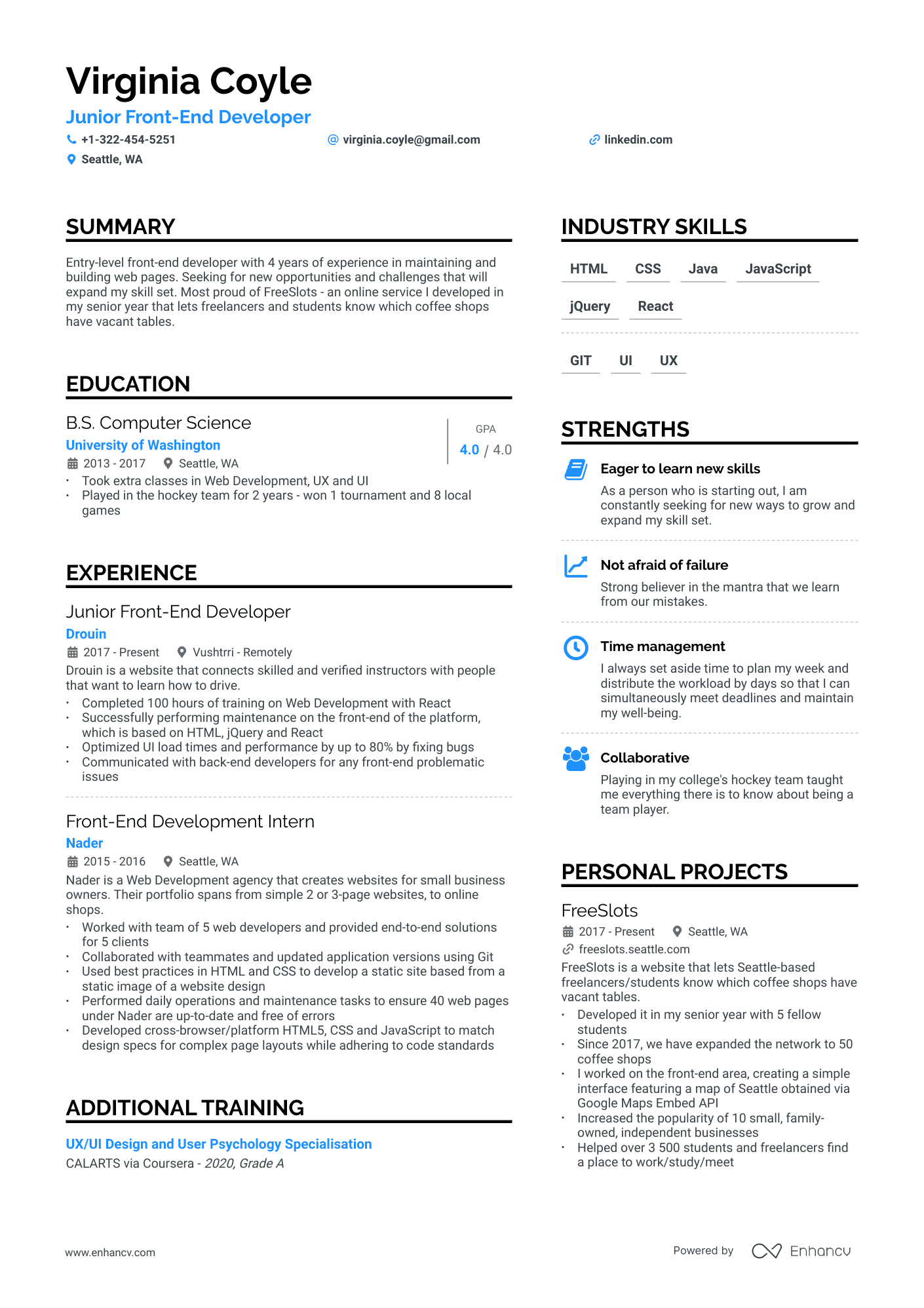 Entry Level Front End Developer Resume Example