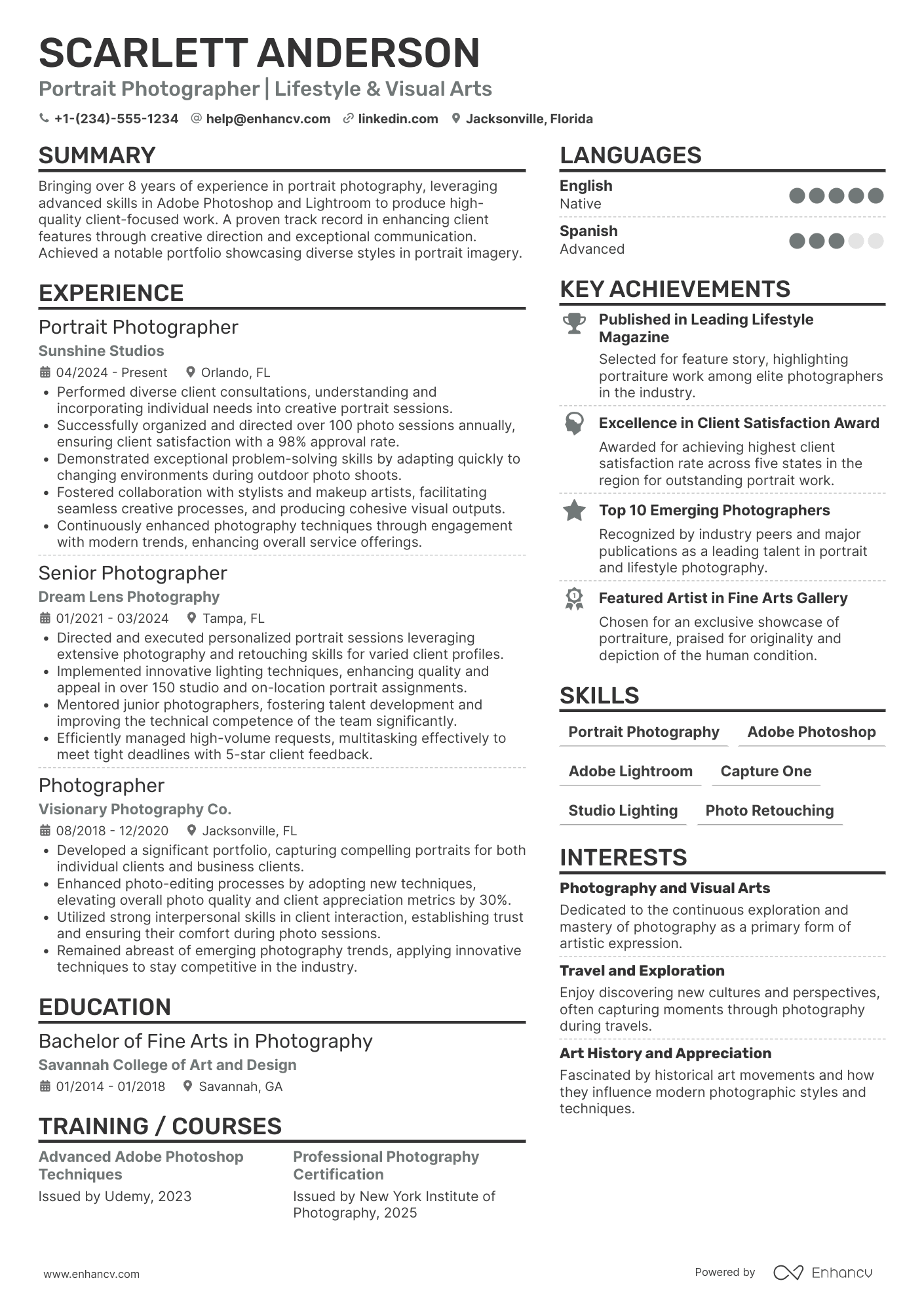 Portrait Photographer Resume Example