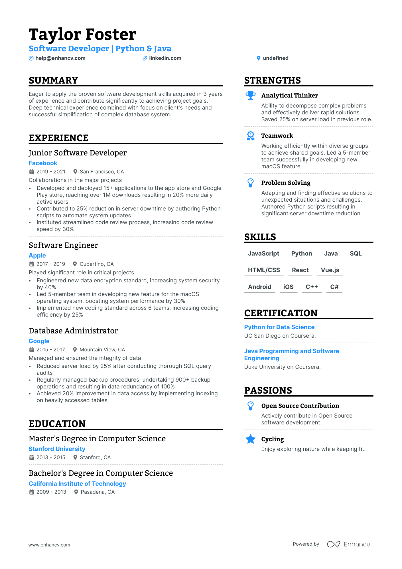 Entry Level Computer Science Resume Example