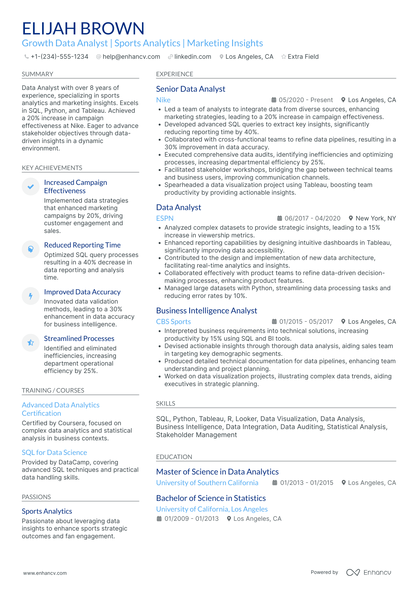 Sports Data Analyst Resume Example