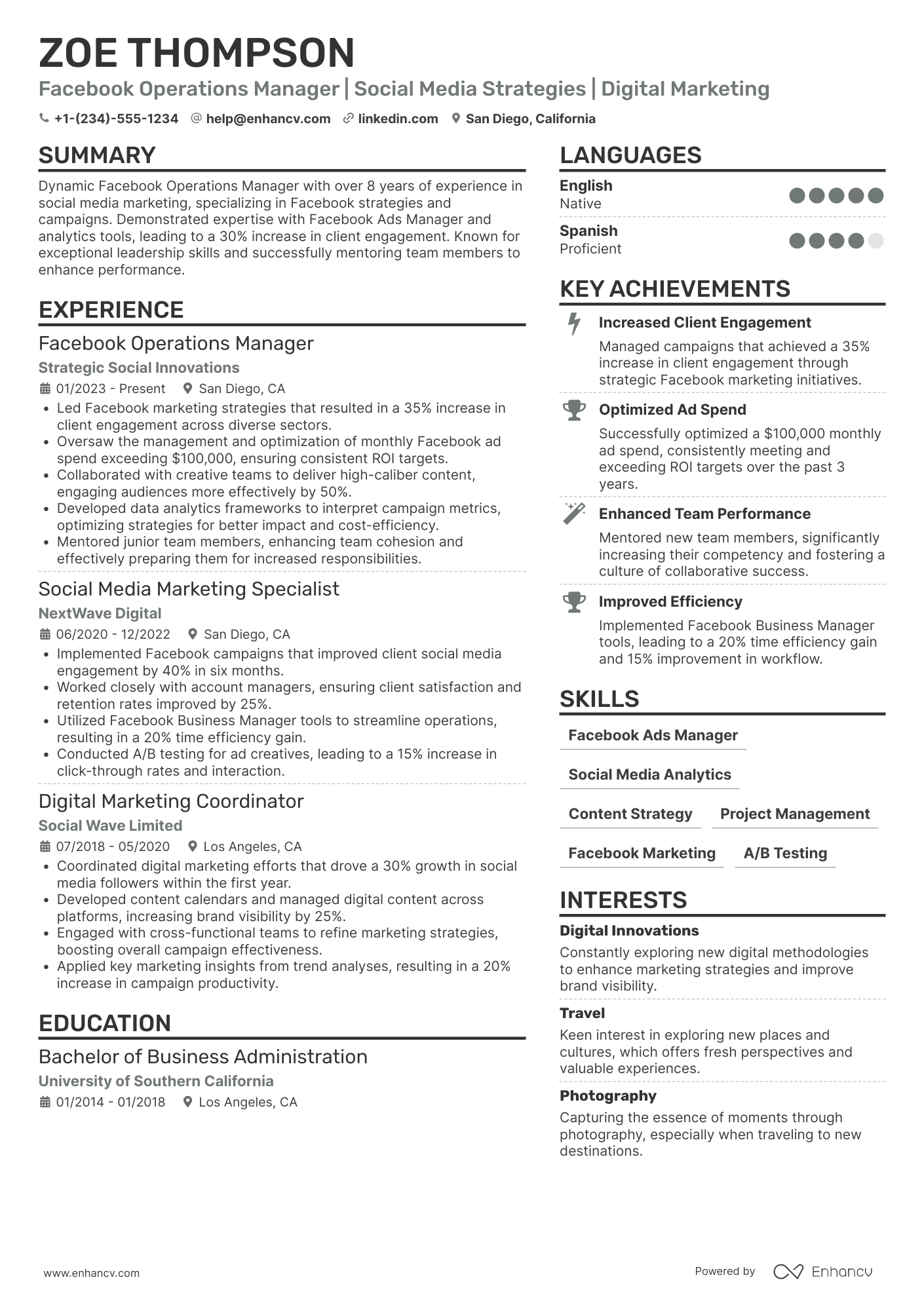 Facebook Operations Manager Resume Example