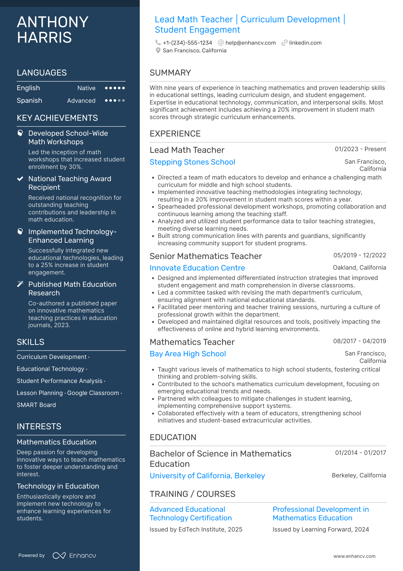 Lead Math Teacher Resume Example