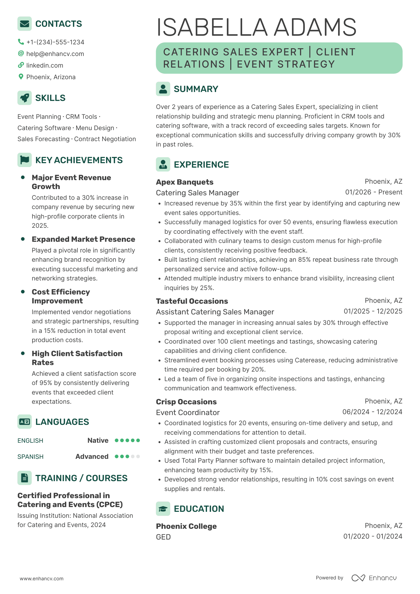 Catering Sales Manager Resume Example