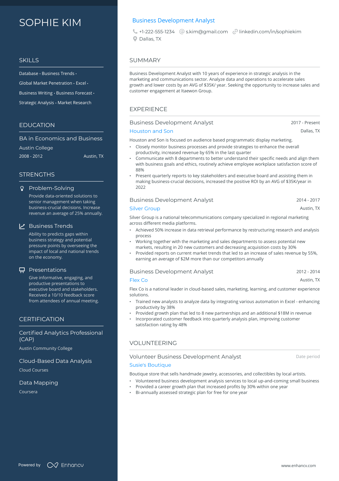 Business Development Analyst Resume Example