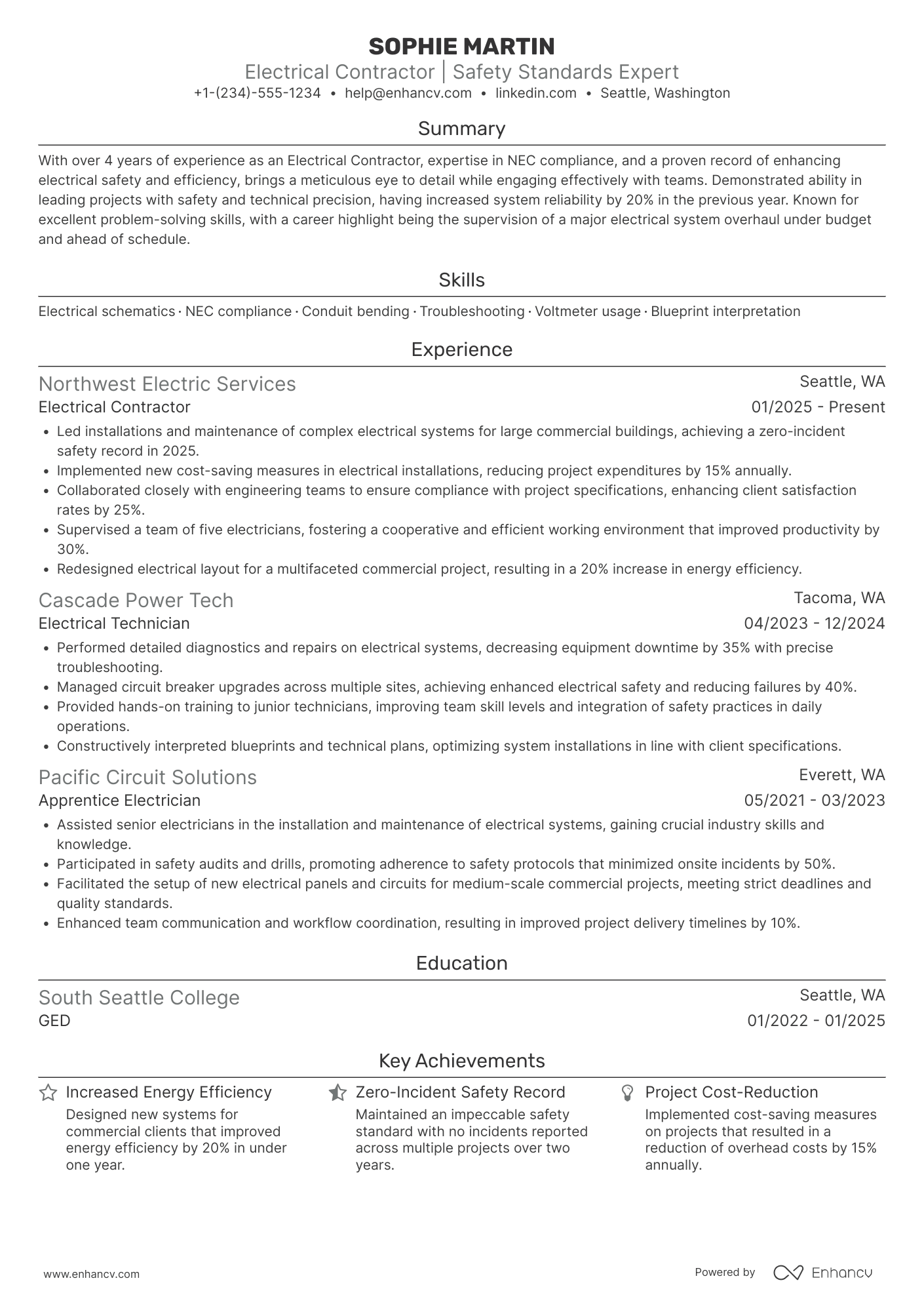 Electrical Contractor Resume Example